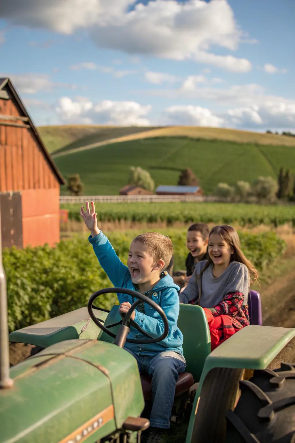 Motorized farm vehicle excursions offer a thrilling farm experience for party guests.