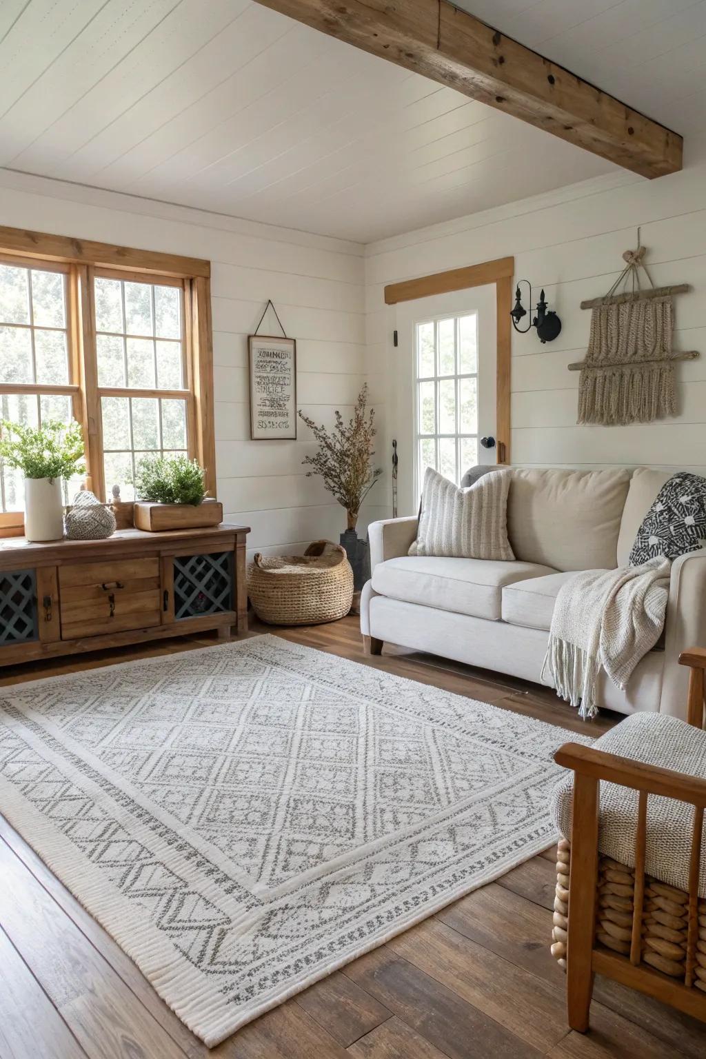 Single-color rugs provide a bold, modern touch to farmhouse interiors.