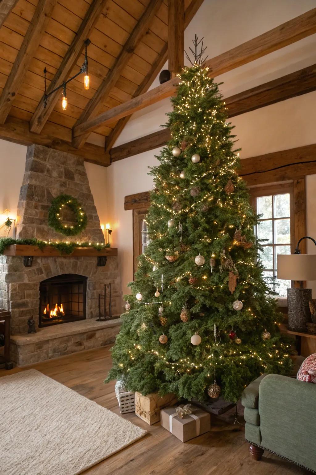 Greenery swags contribute texture and dimension to this farmhouse Christmas tree.
