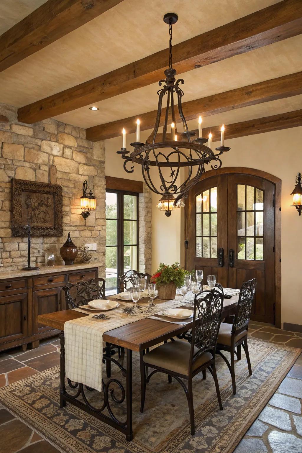 Wrought iron accents infuse elegance and traditional craftsmanship to this dining space.