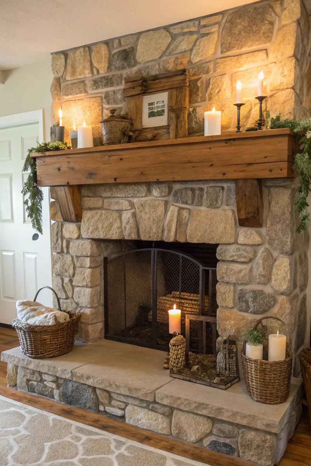 A raw wood mantel makes this farmhouse fireplace.