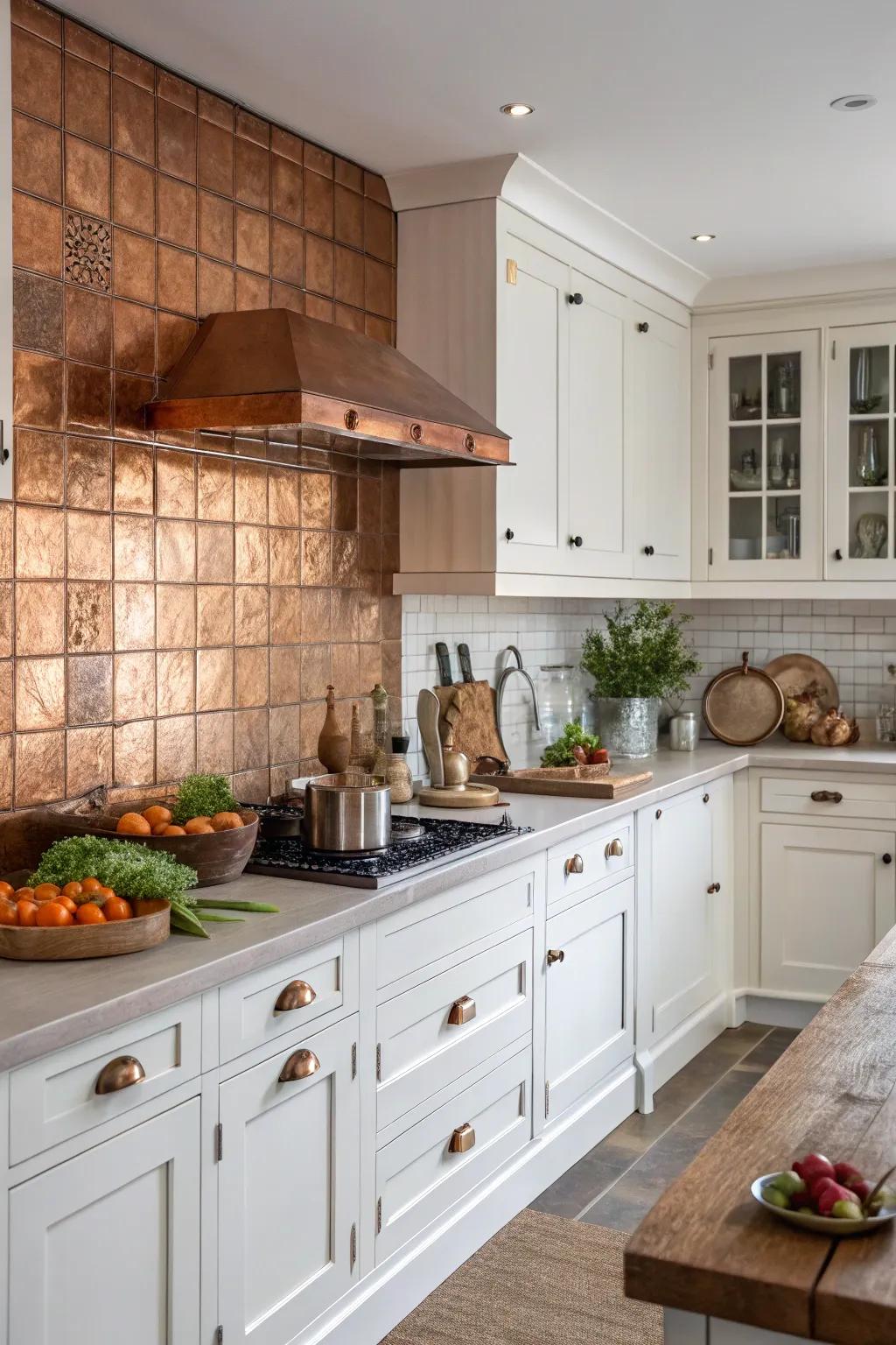 A brass covering provides warmth and contrast in this farmhouse kitchen.