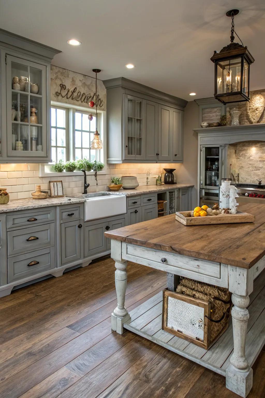 Cool grays bring sophistication and calm to a farmhouse kitchen.