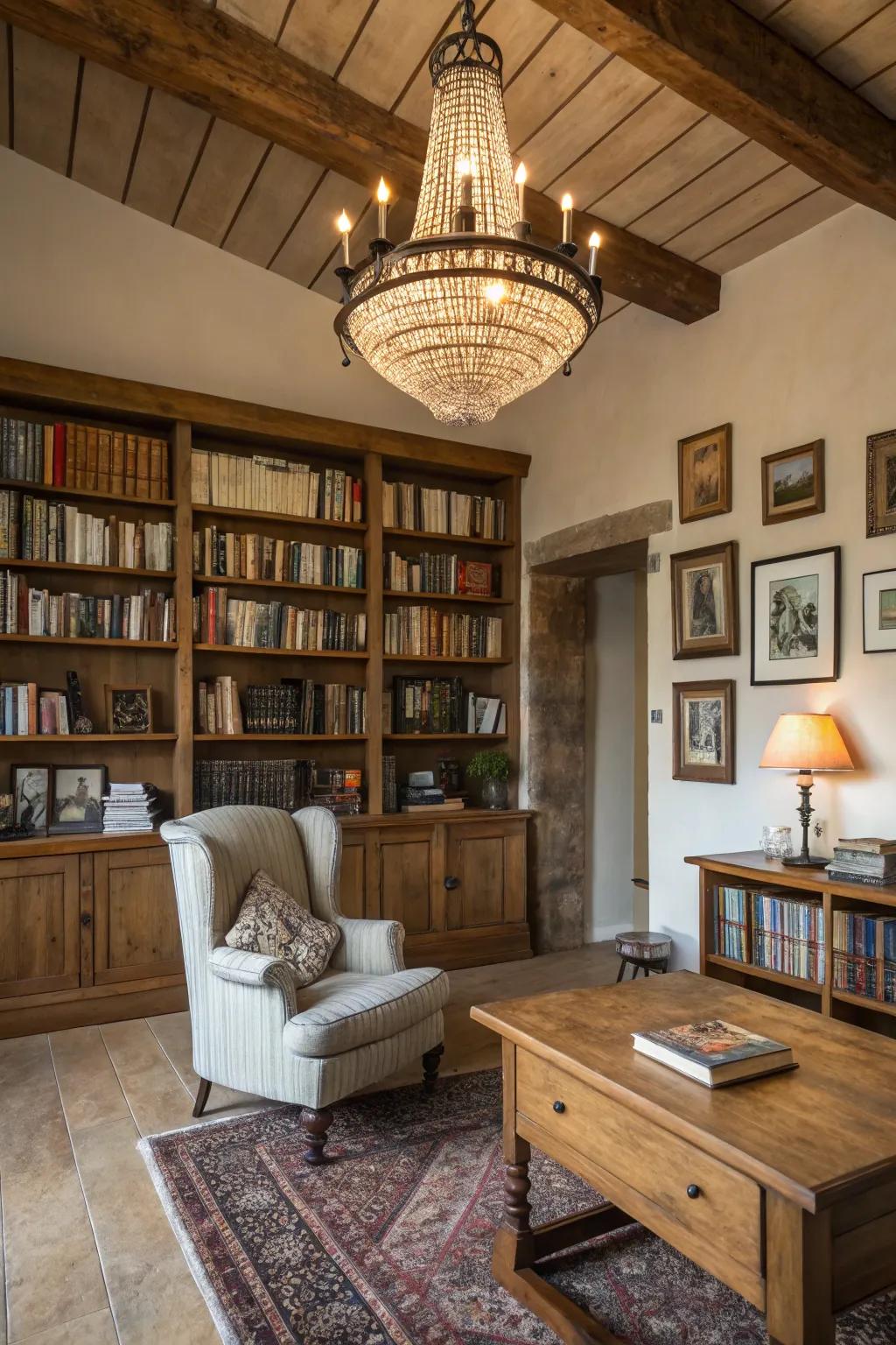 A statement chandelier adds sophistication and becomes the focal feature.