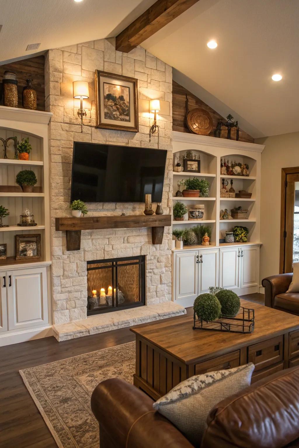 A farmhouse parlor with fitted shelves lining the TV above the mantel.