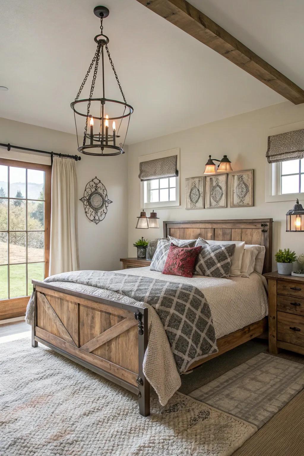 Industrial elements balance modern and rustic aesthetics.