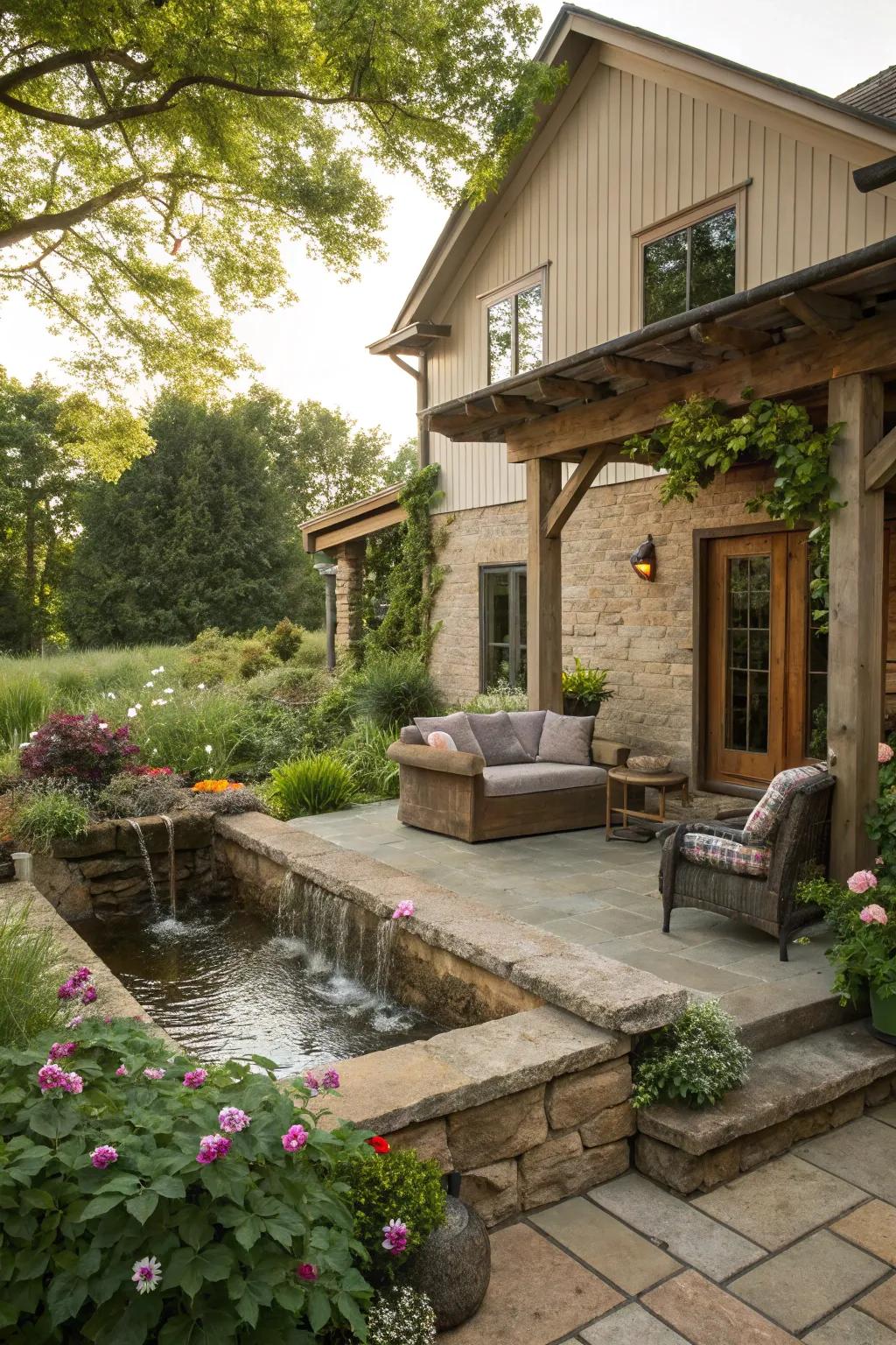 A water feature adds tranquility to a farmhouse patio.