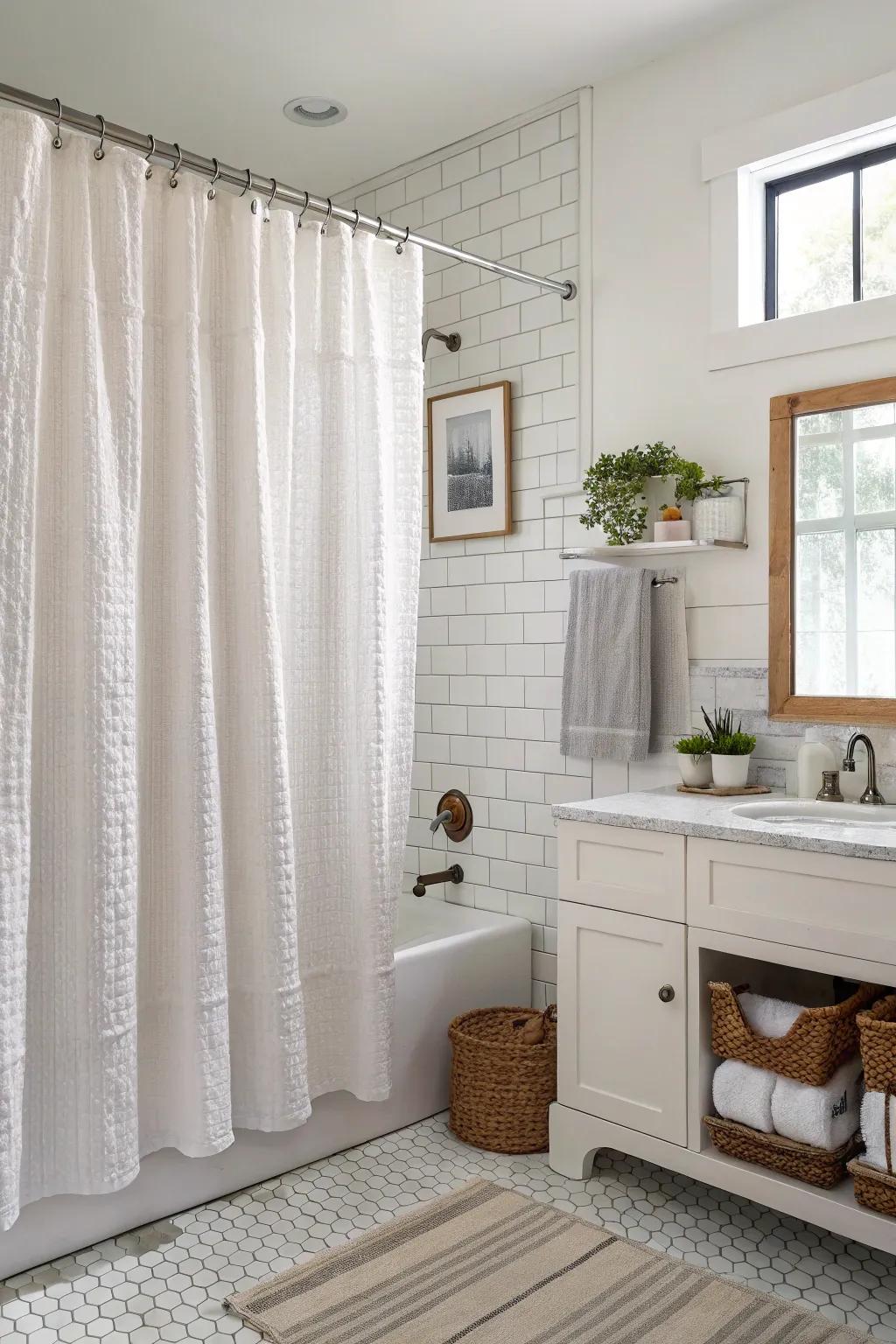 A bright bathroom with a wrinkled cotton cloth shower curtain, ideal for summer.