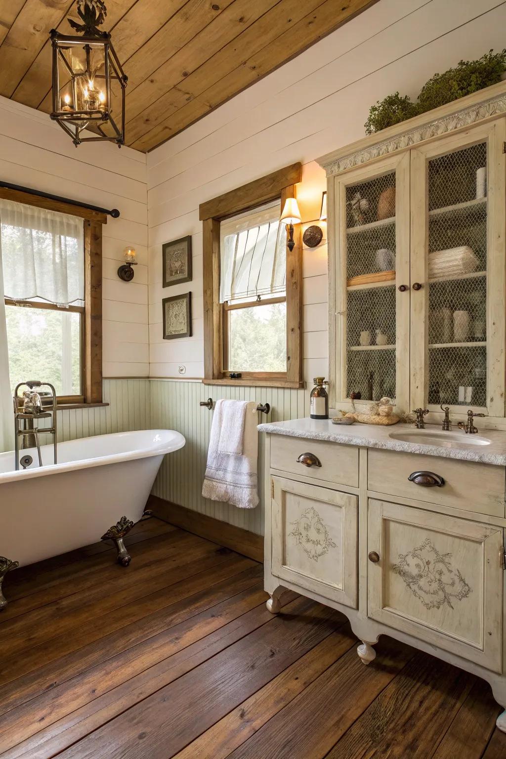Vintage hardware adds a touch of history to this farmhouse bathroom.