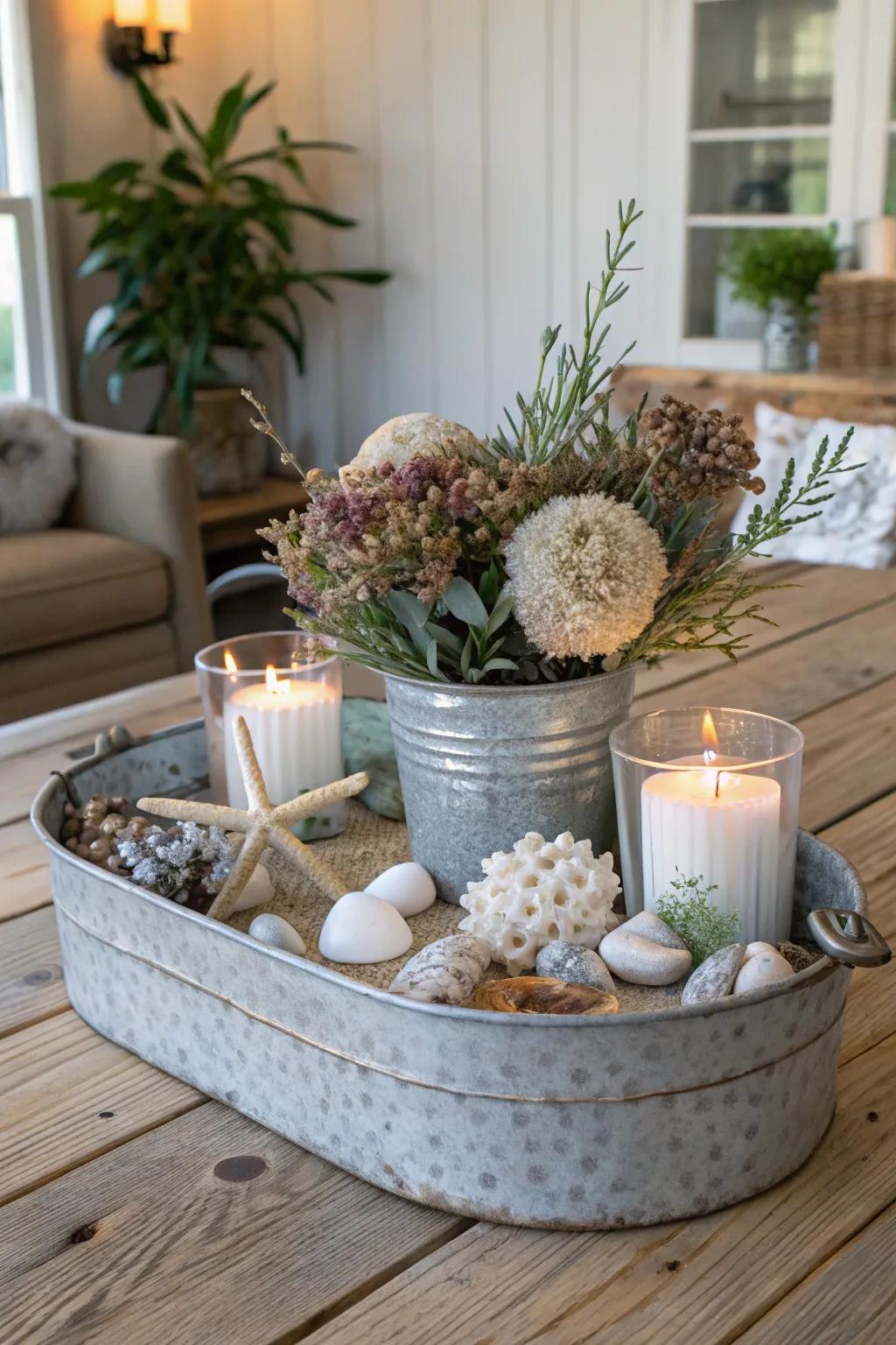A coated metal platter adds a chic touch to your farmhouse decor.
