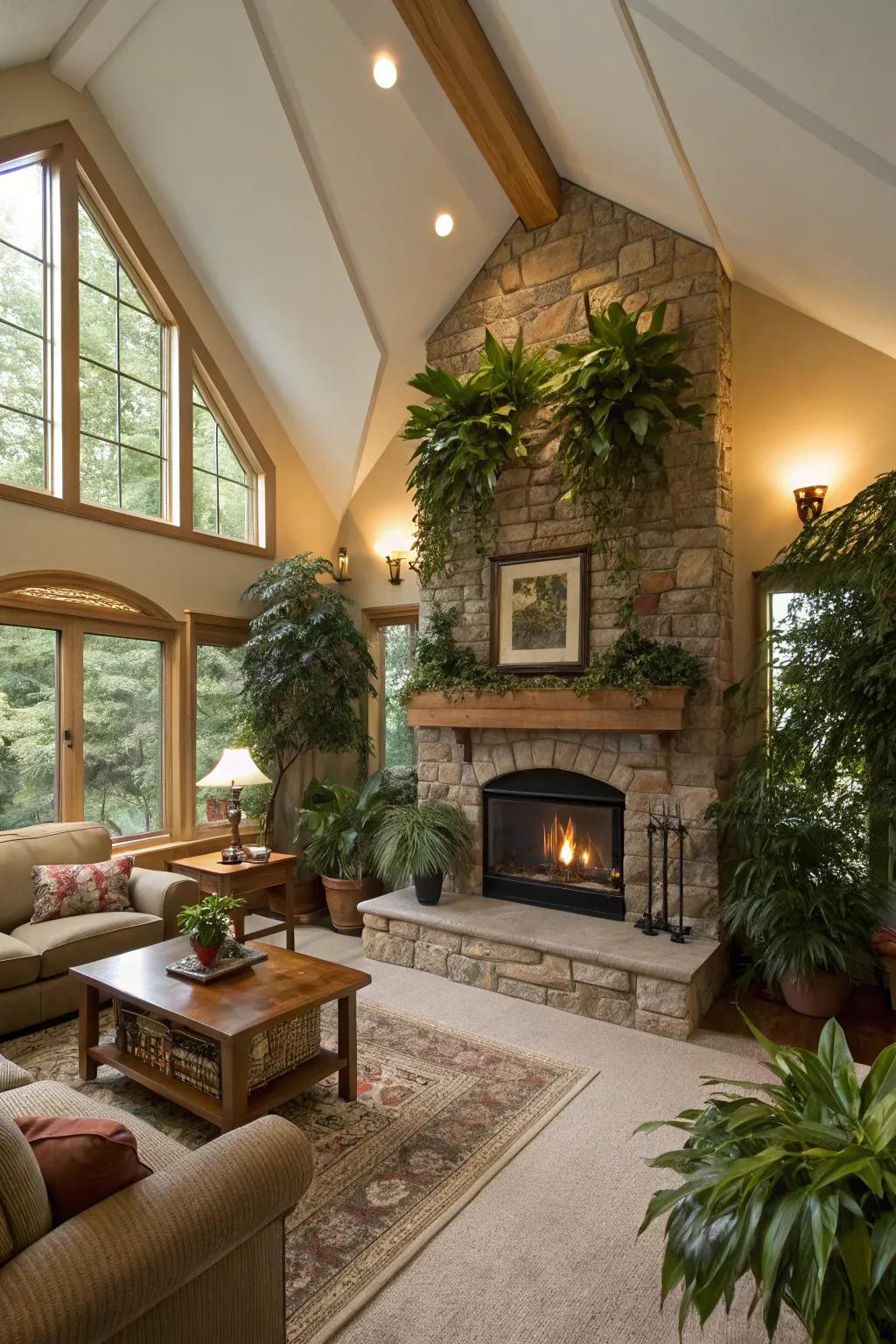 Greenery encircling a fireplace establishes a natural ambiance.