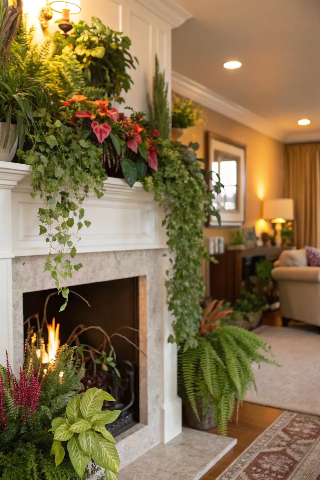 A show fireplace with green plants.