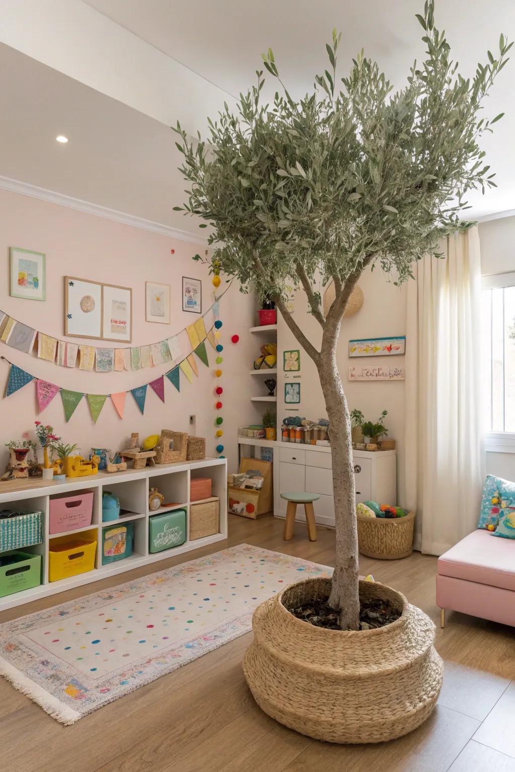 Introduce a lively element to a child's space with a faux olive tree.