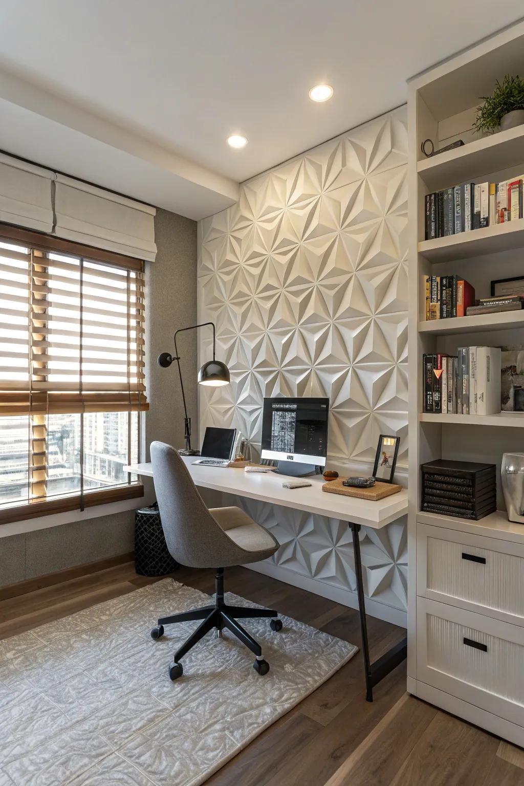 Textured sections introduce depth and style to this home office.