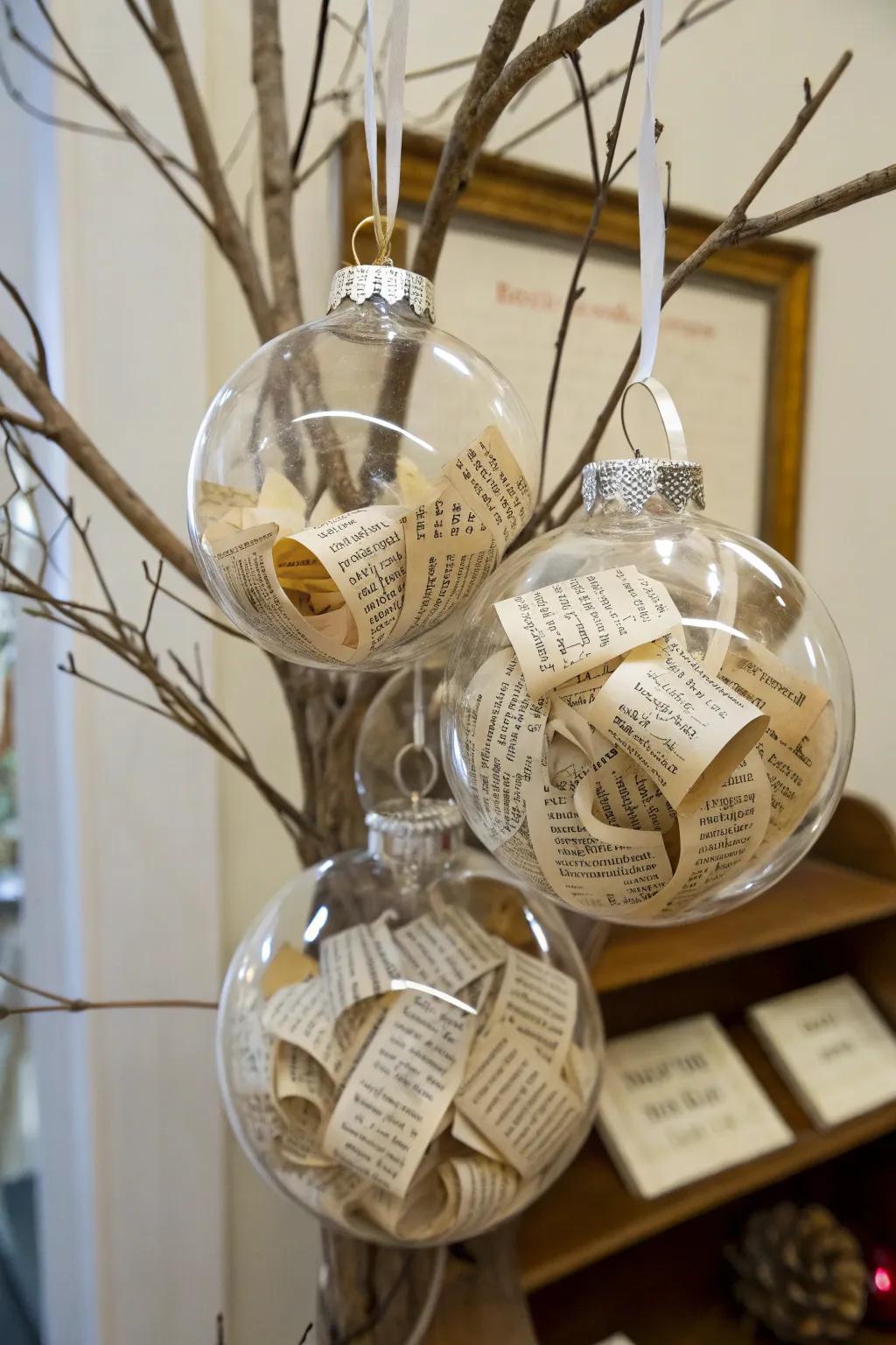 Ornaments packed with musical scores and novel pages.