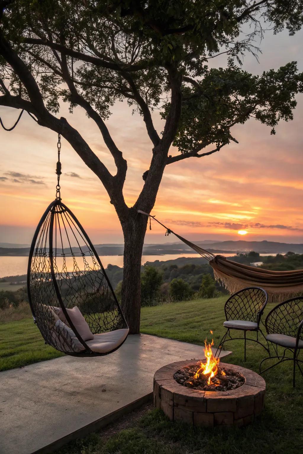Slings and swing seats provide a unique lounging experience.