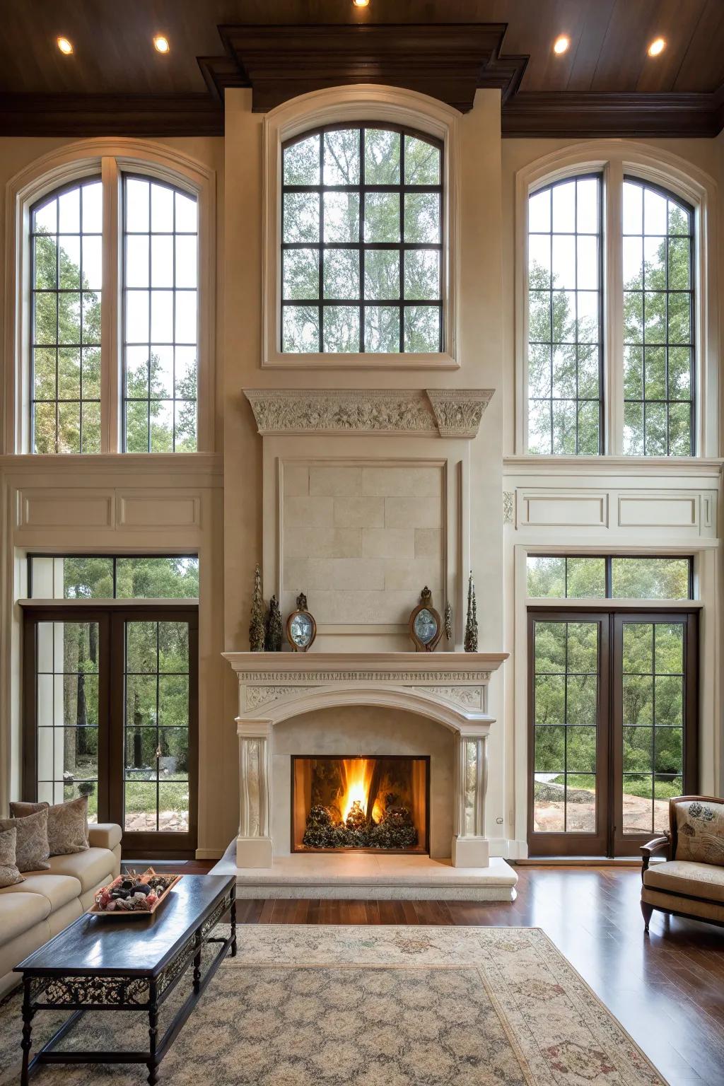 The striking design of the fireplace is highlighted through expansive windows.