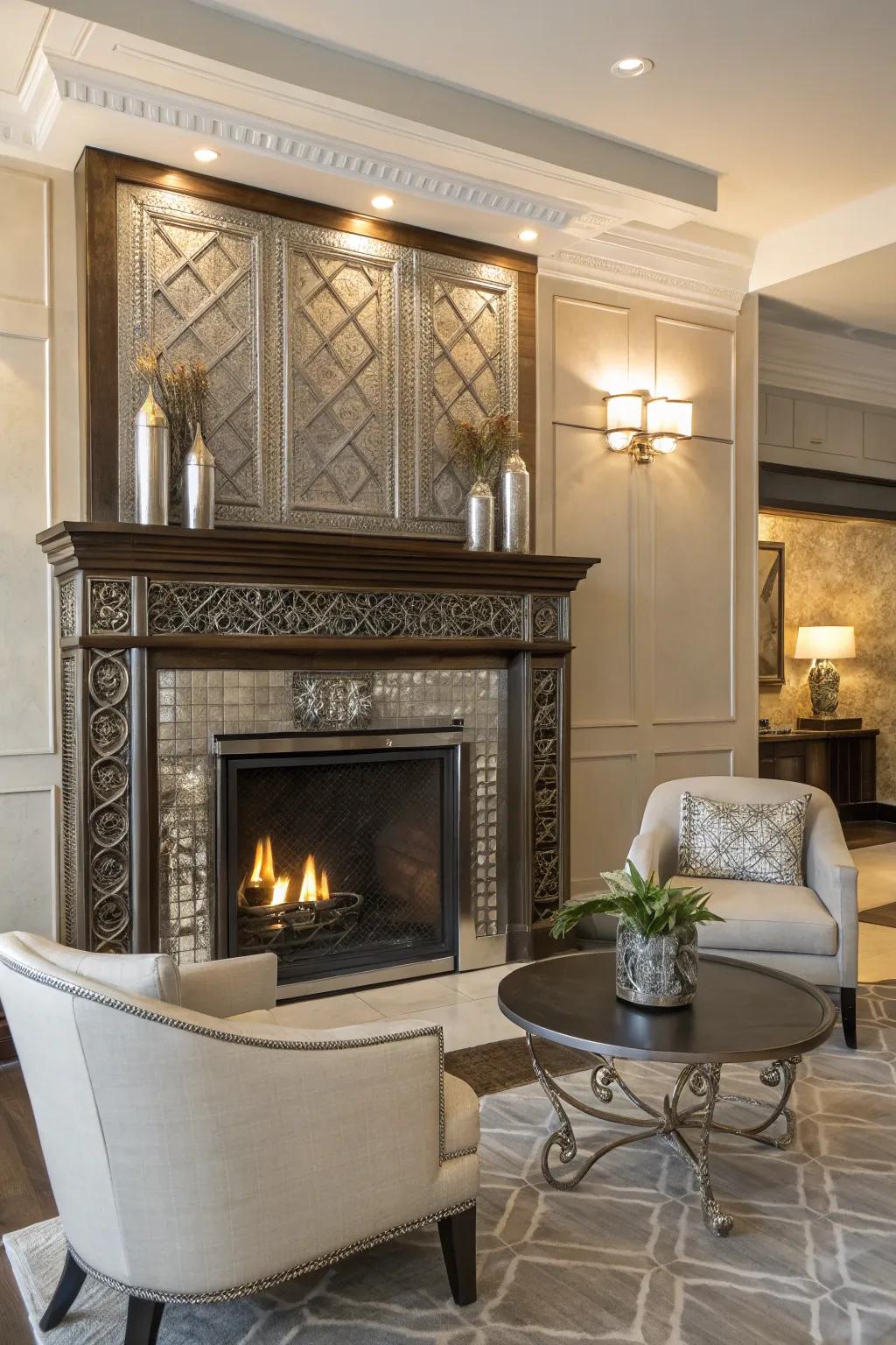 Metallic elements introduce a hint of glamour to this fireplace.