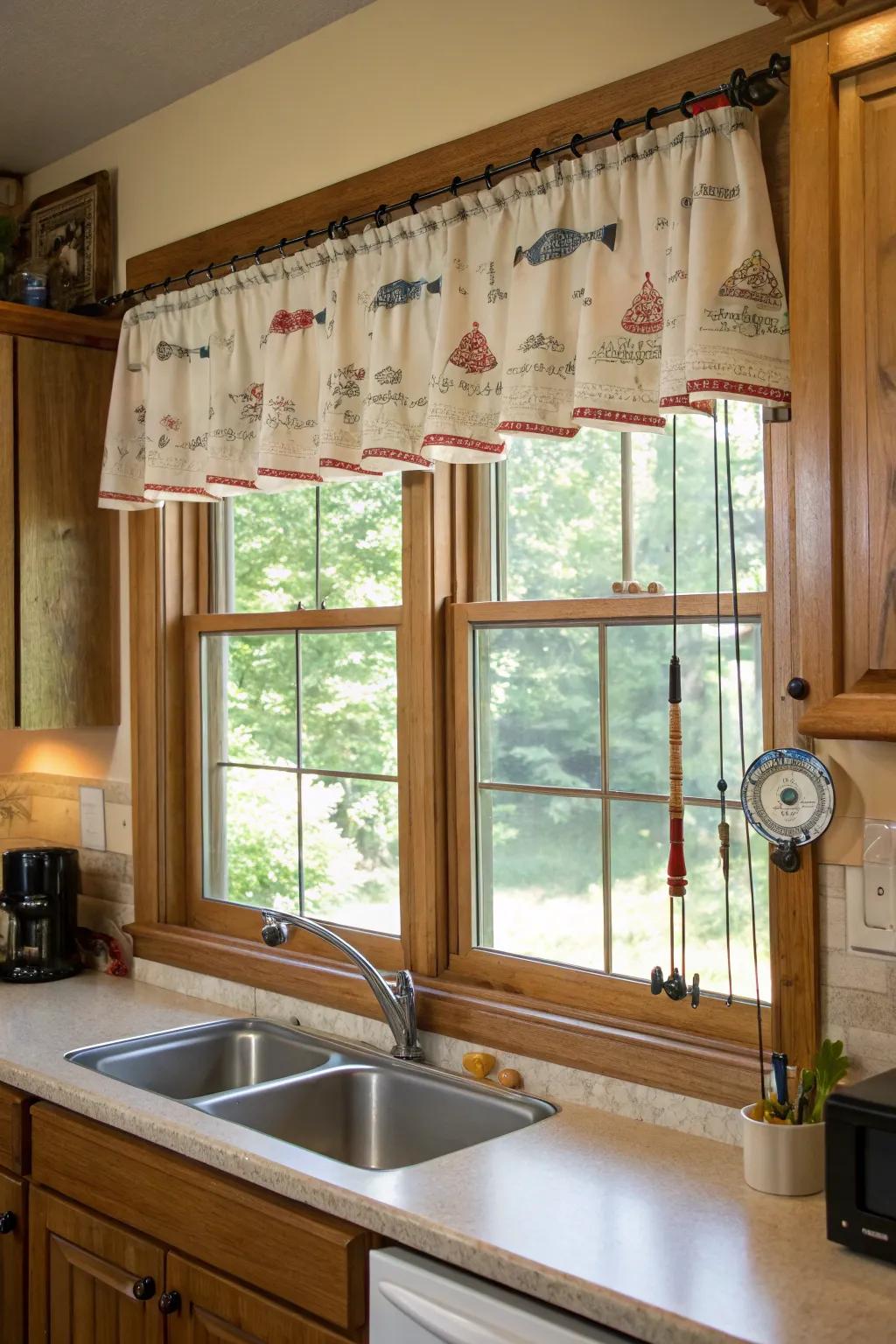 An angling pole treatment infuses a delicate nautical feature to windows.