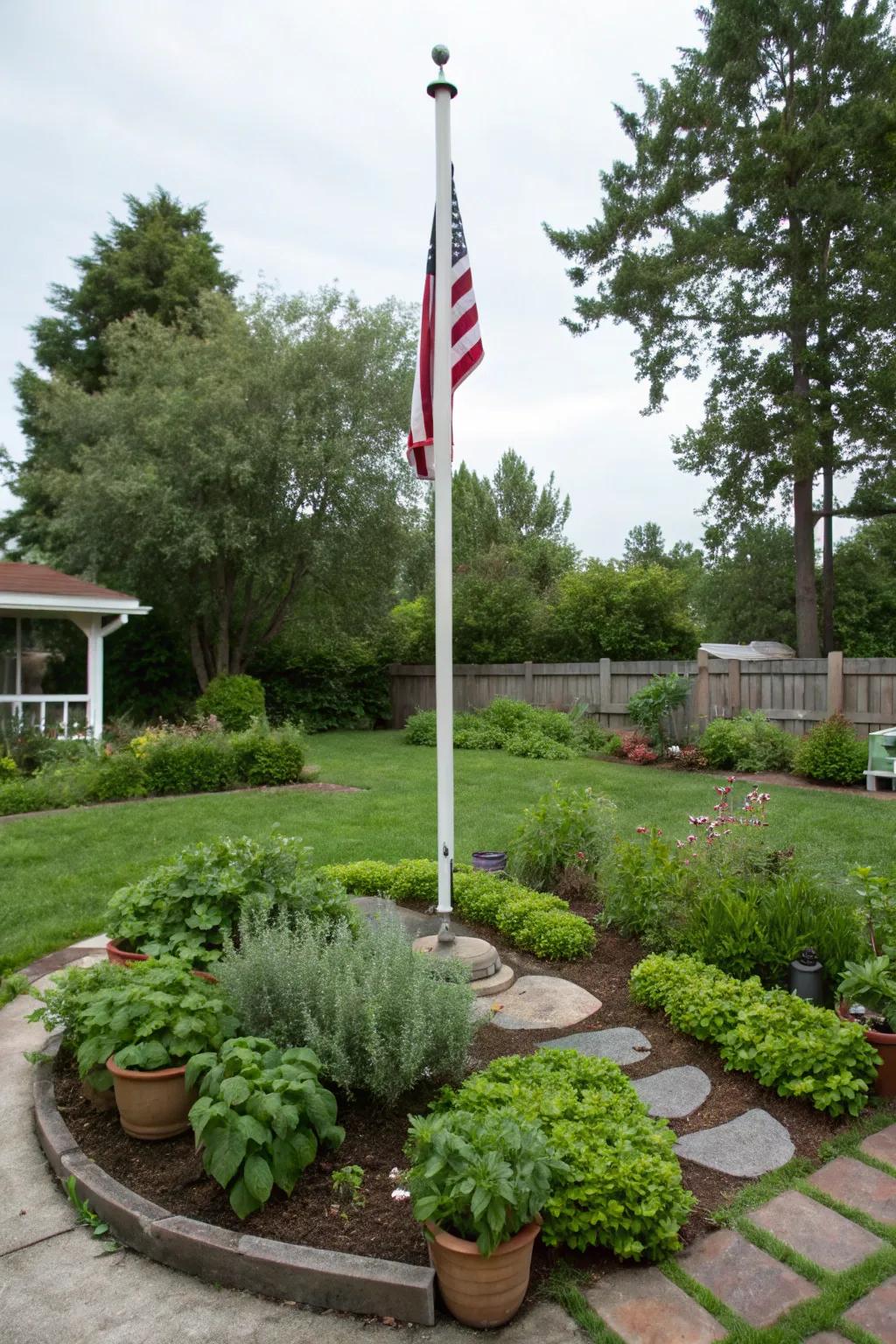 A spice garden adds fragrance and function to a flagpole area.