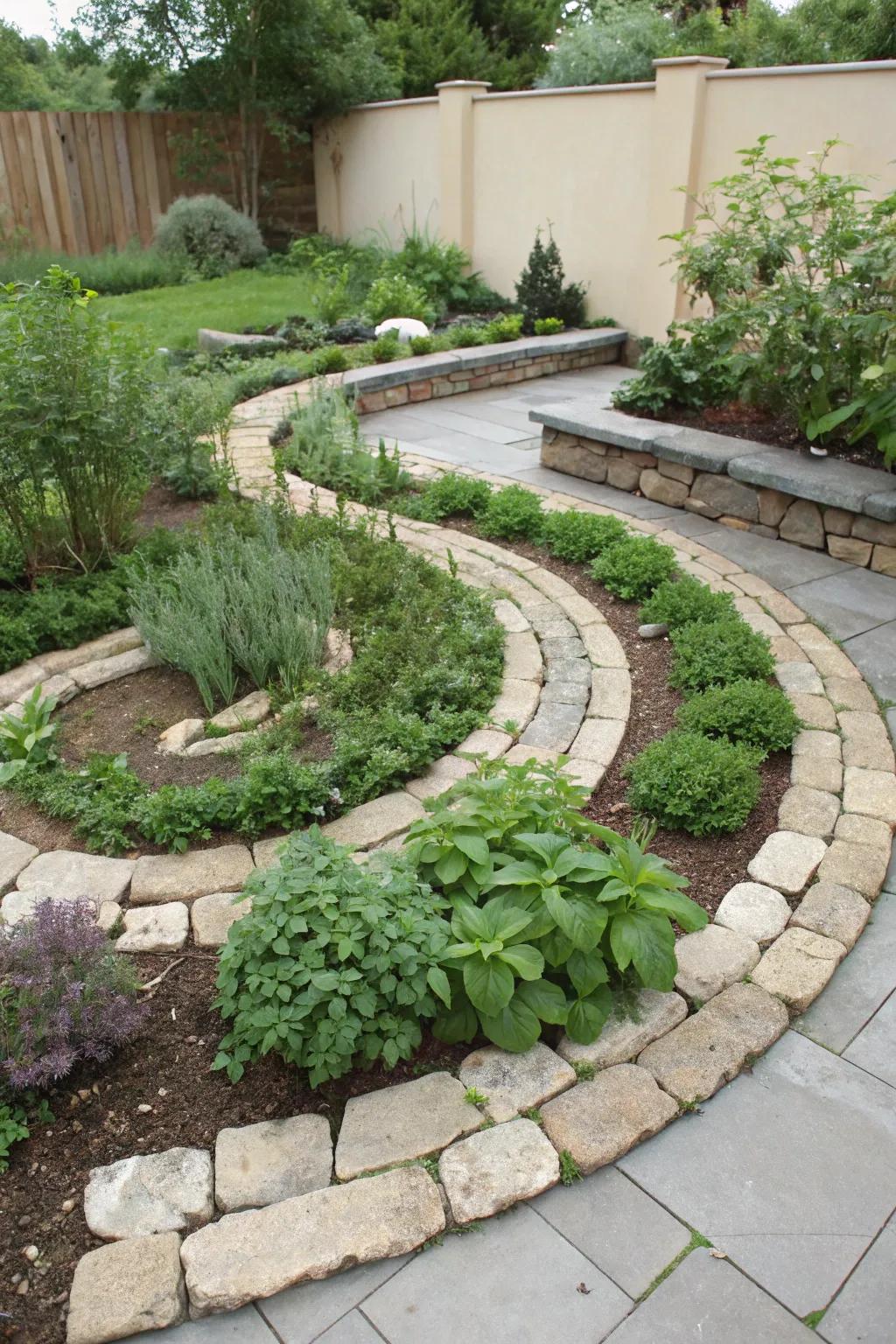 A creative flagstone herb twirl making the most of limited space.