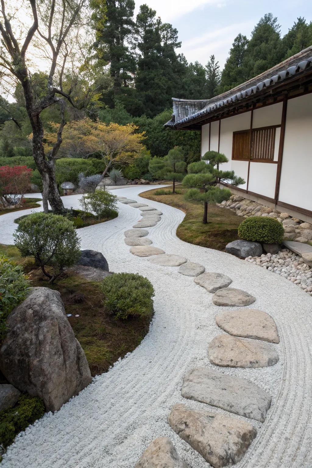 A tranquil paving stone pathway inspired by the simplicity of Zen gardens.