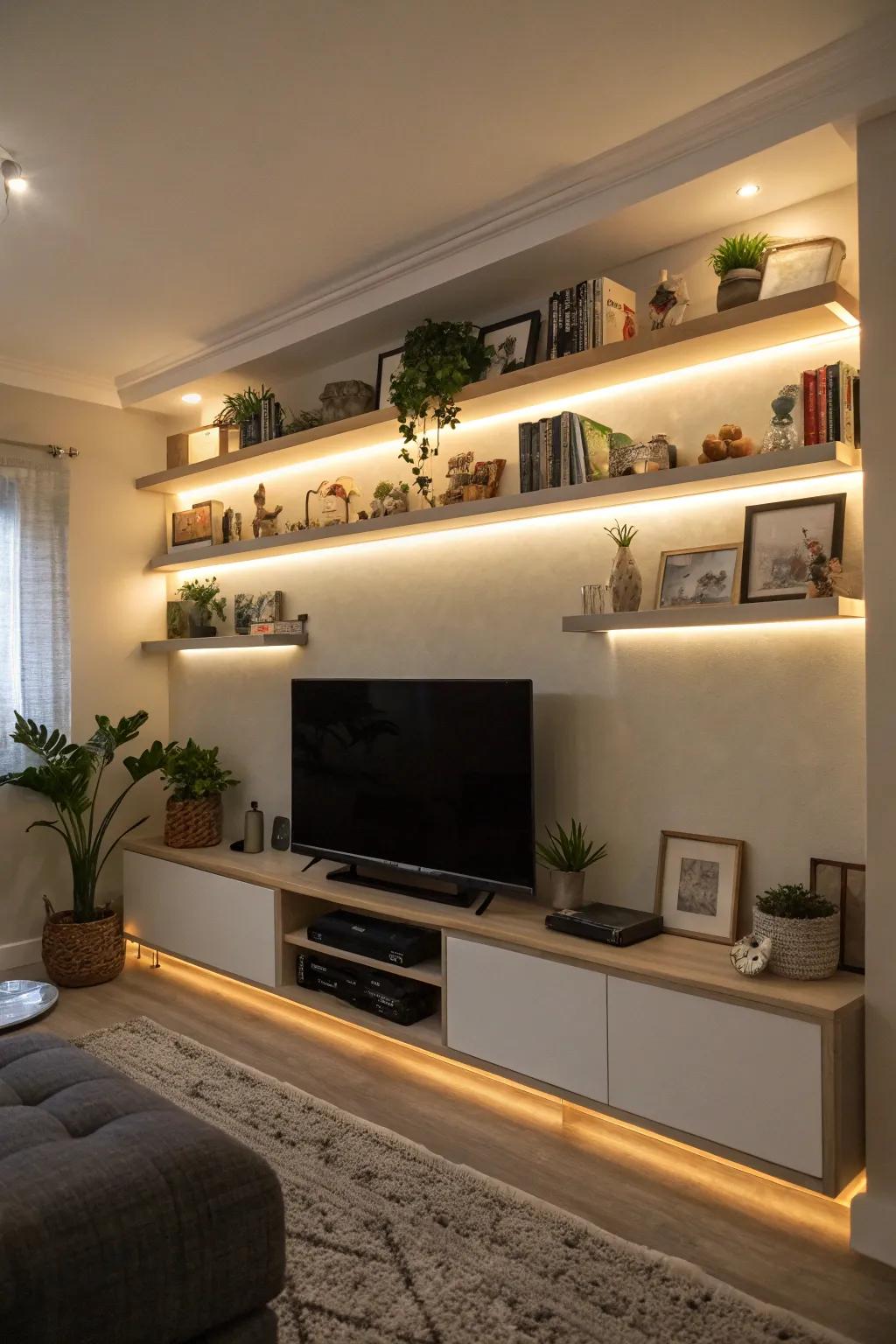 Enhance ambiance with lighting on your floating racks.