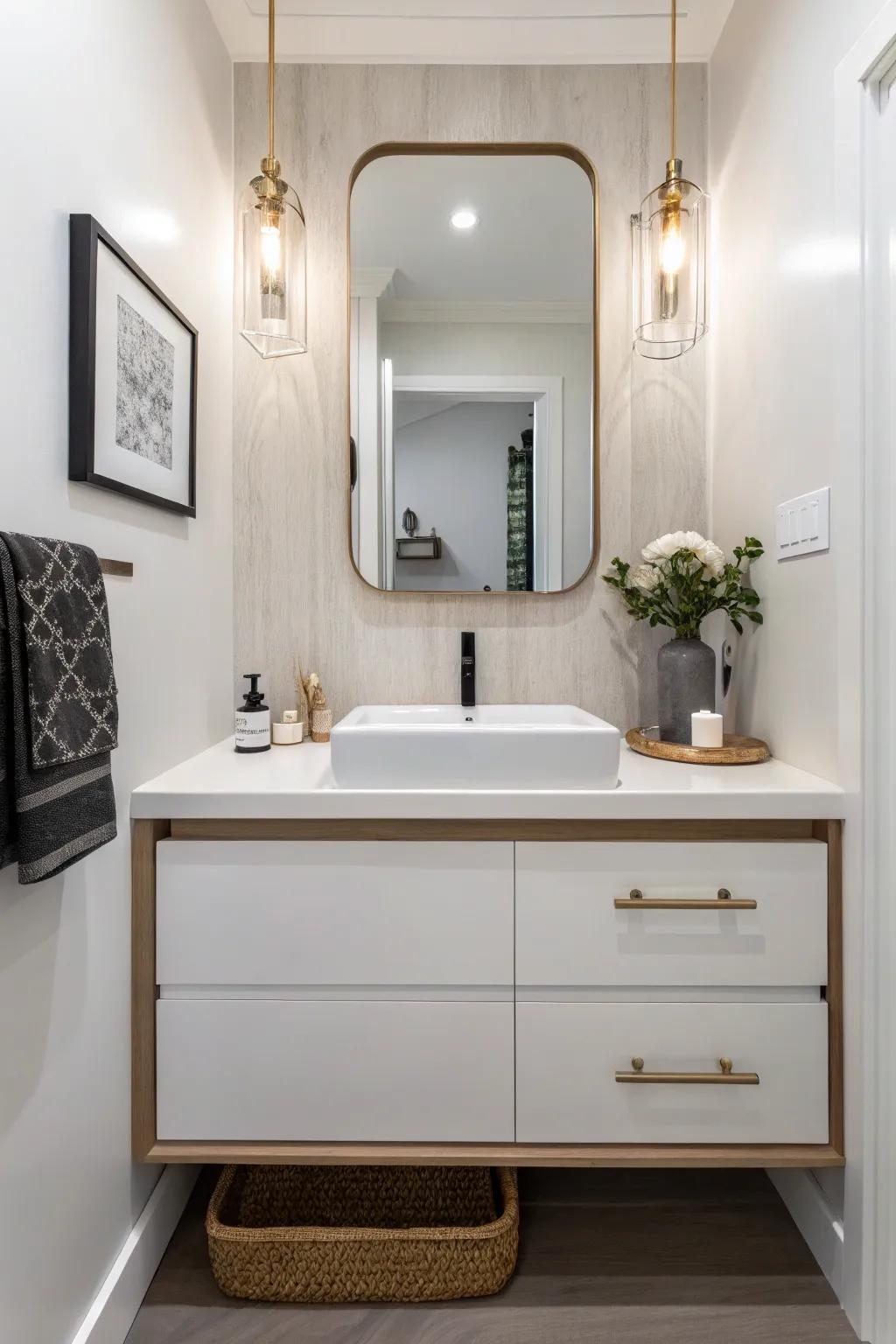 A small powder room showcasing a stylish floating vanity.