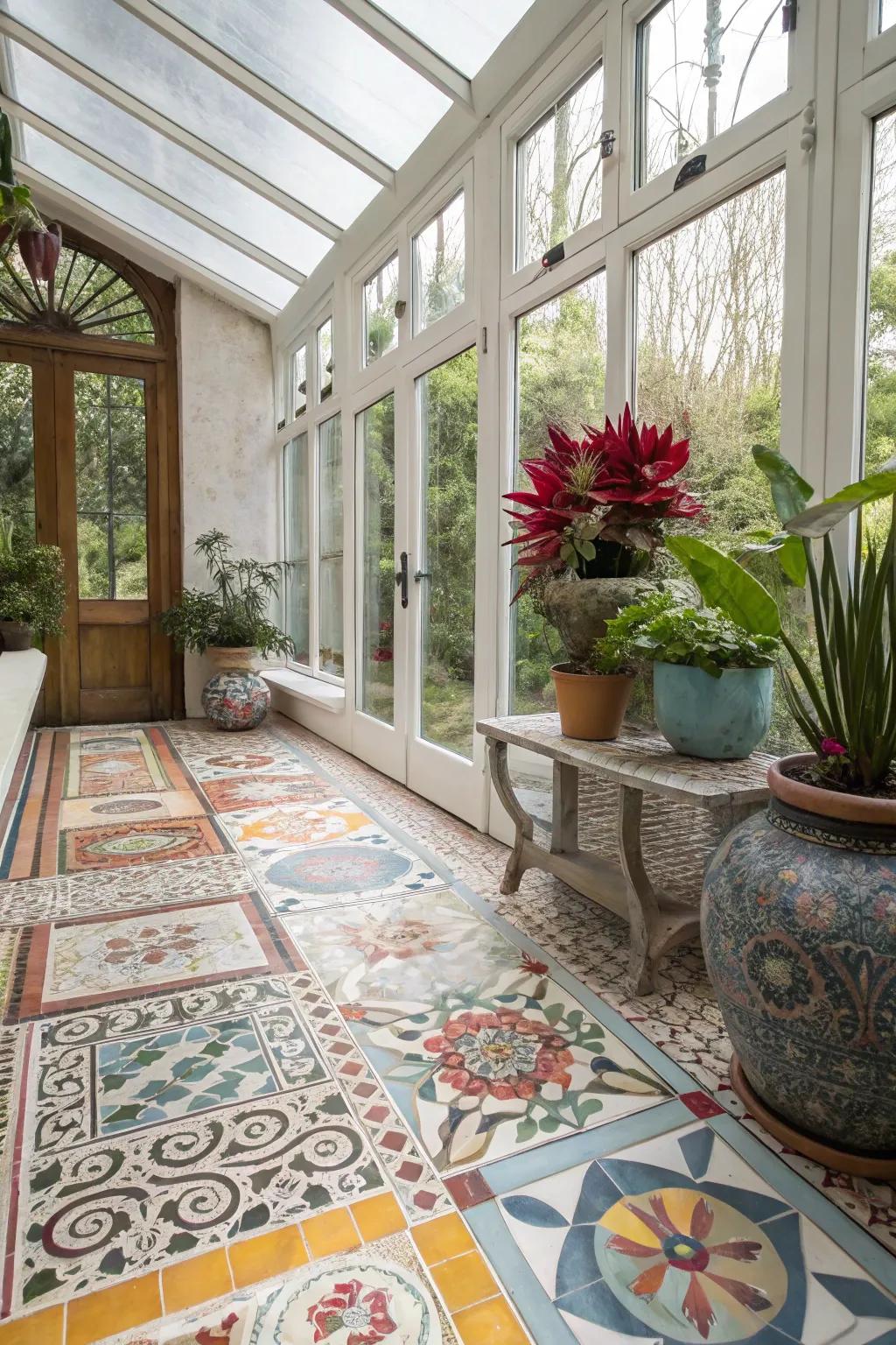 Artistic sunroom featuring ornate square flooring.