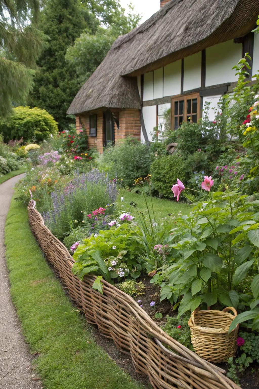 Interwoven willow branches evoke an inviting, cottage-inspired border for the flower bed.