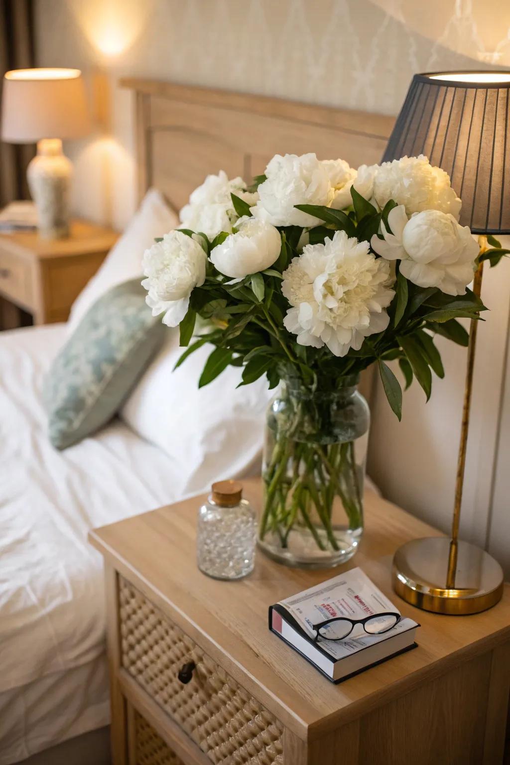 Ivory peonies injecting romance into a sleeping quarters setting.