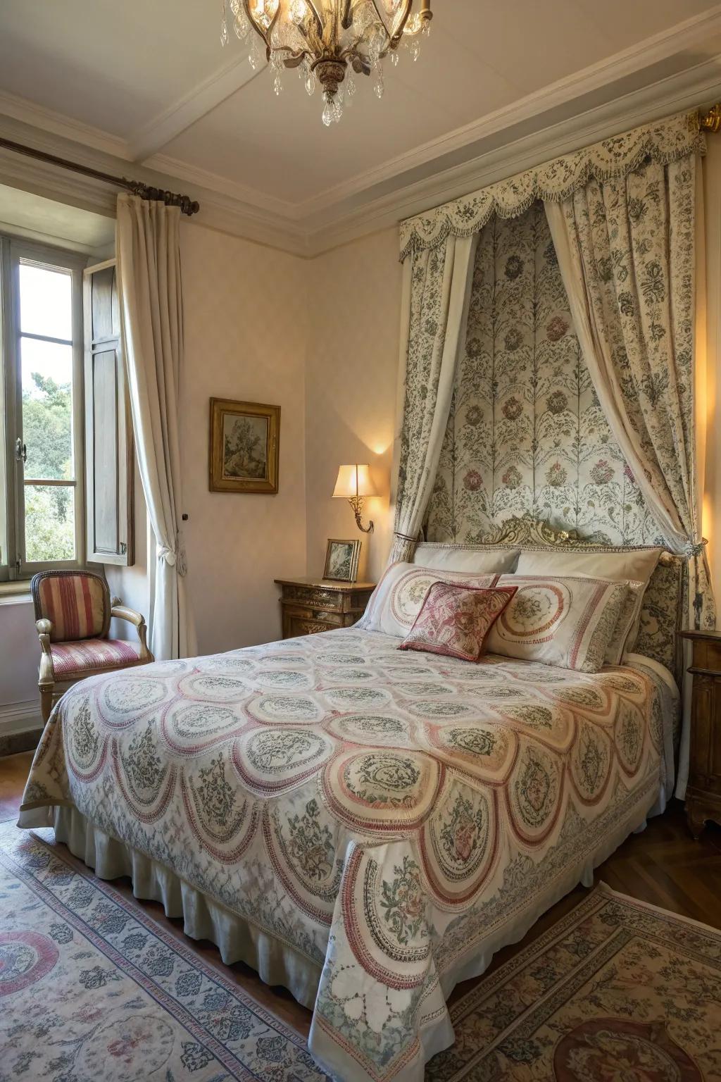 French-inspired bedding with detailed designs enhances sophistication.