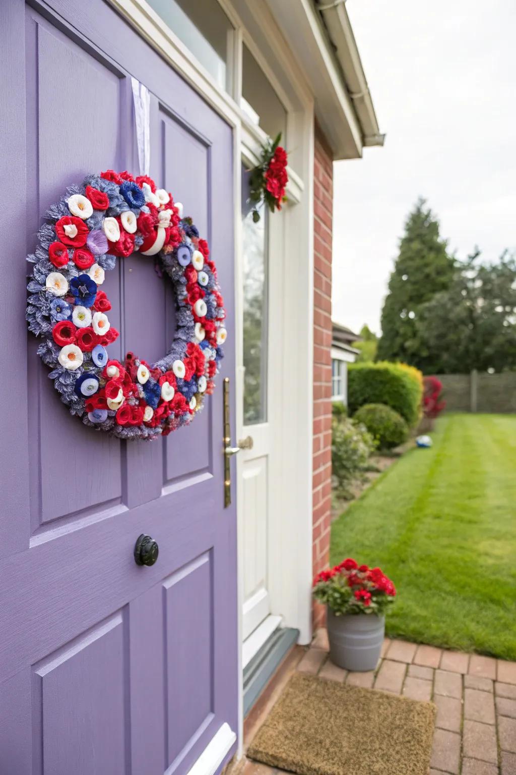 A charming wreath crafted with colorful buttons.