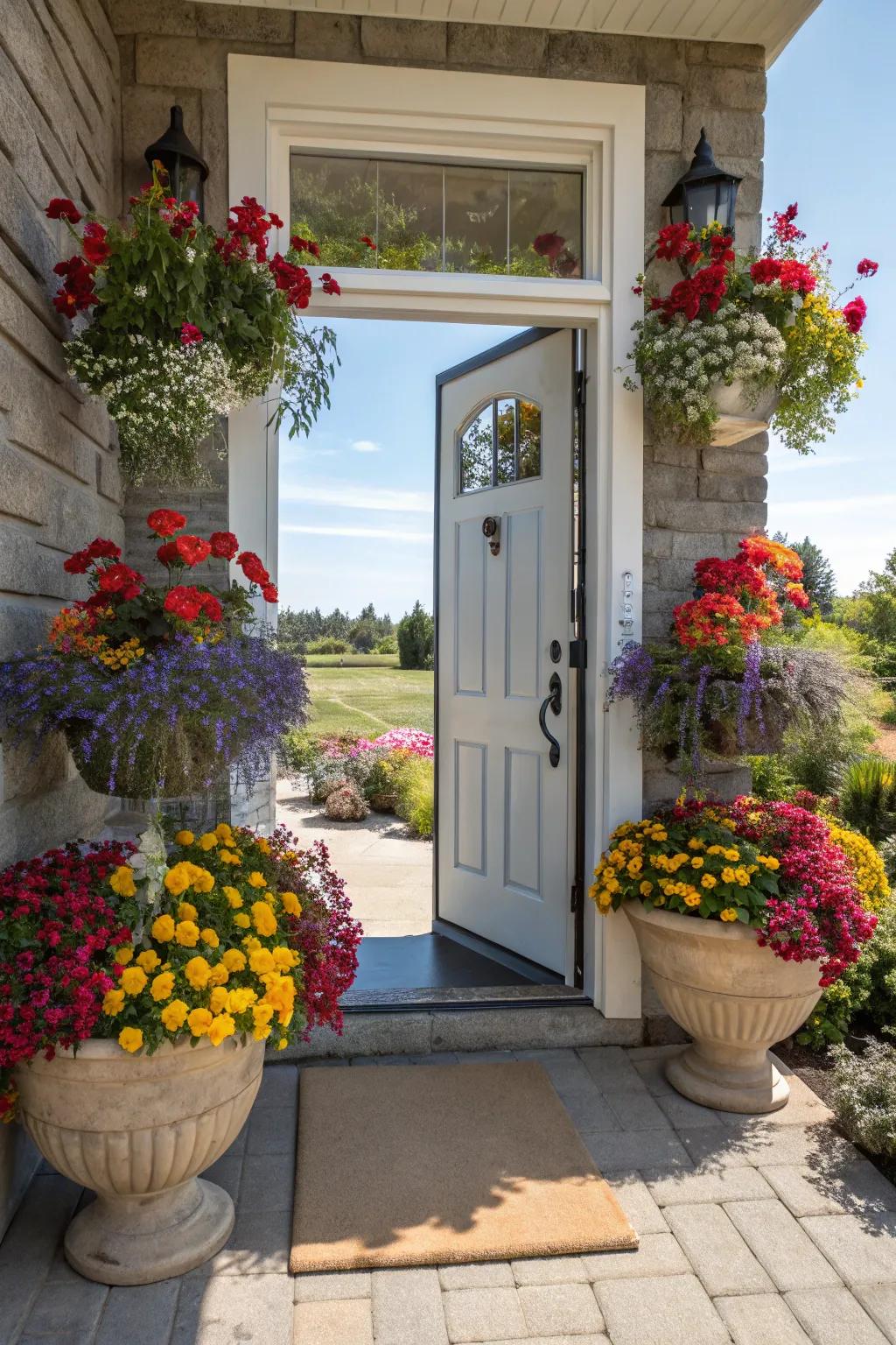 Seasonal blossoms convey vibrancy and color to the doorway.