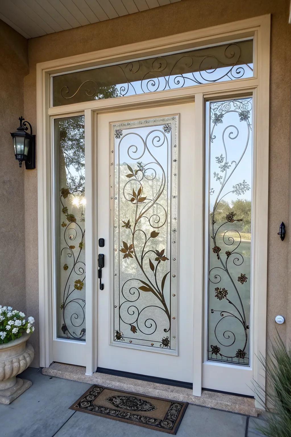 A front door showcasing custom glass paint for a personalized privacy solution.