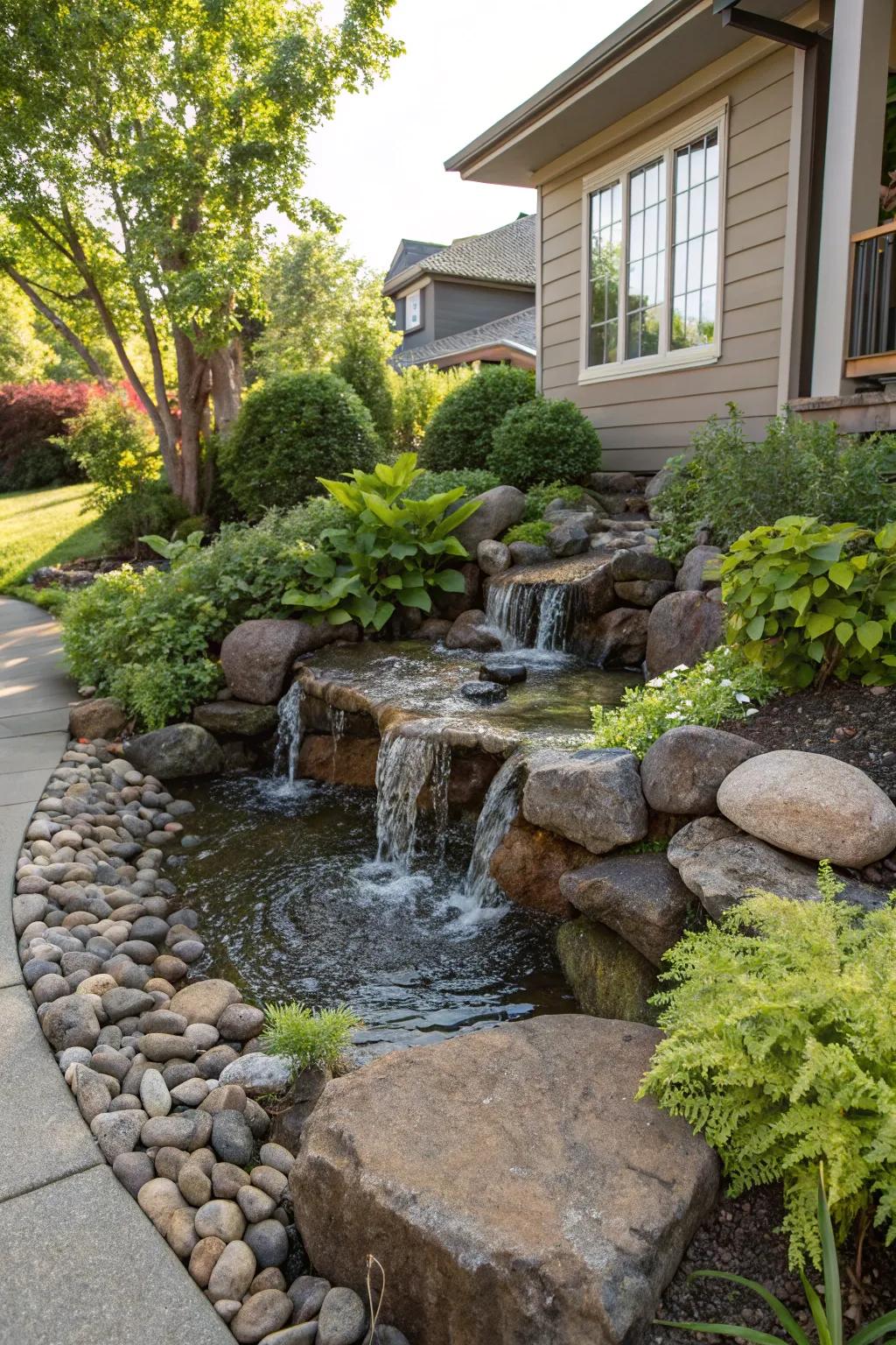 Peacefulness is added to your yard by water features with river stones.