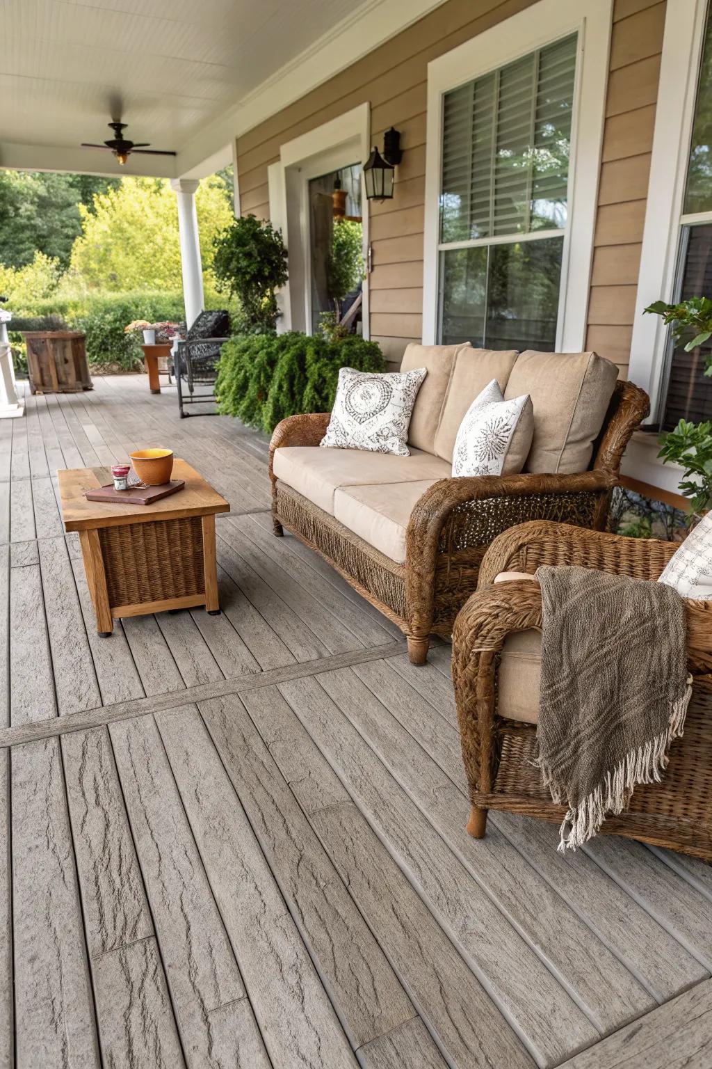Simulated wood concrete offers rustic charm.