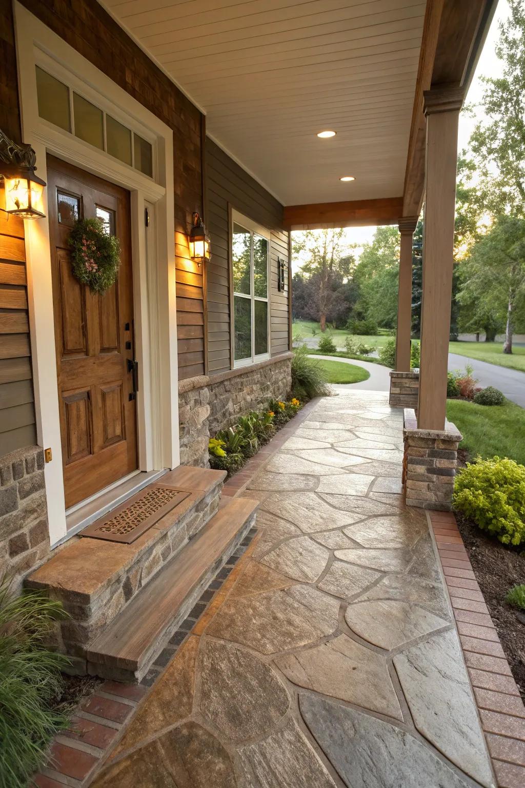 Patterned concrete unlocks imaginative design potentials tailored for porch flooring.