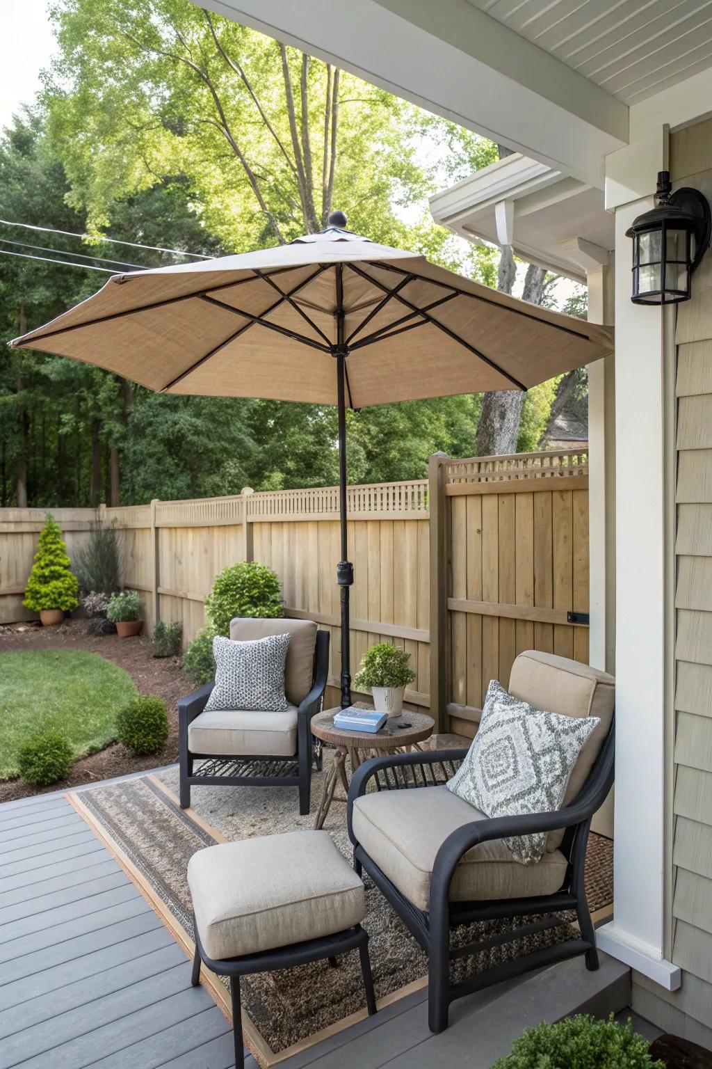 A patio parasol lends shade and privacy onto a stylish front porch.