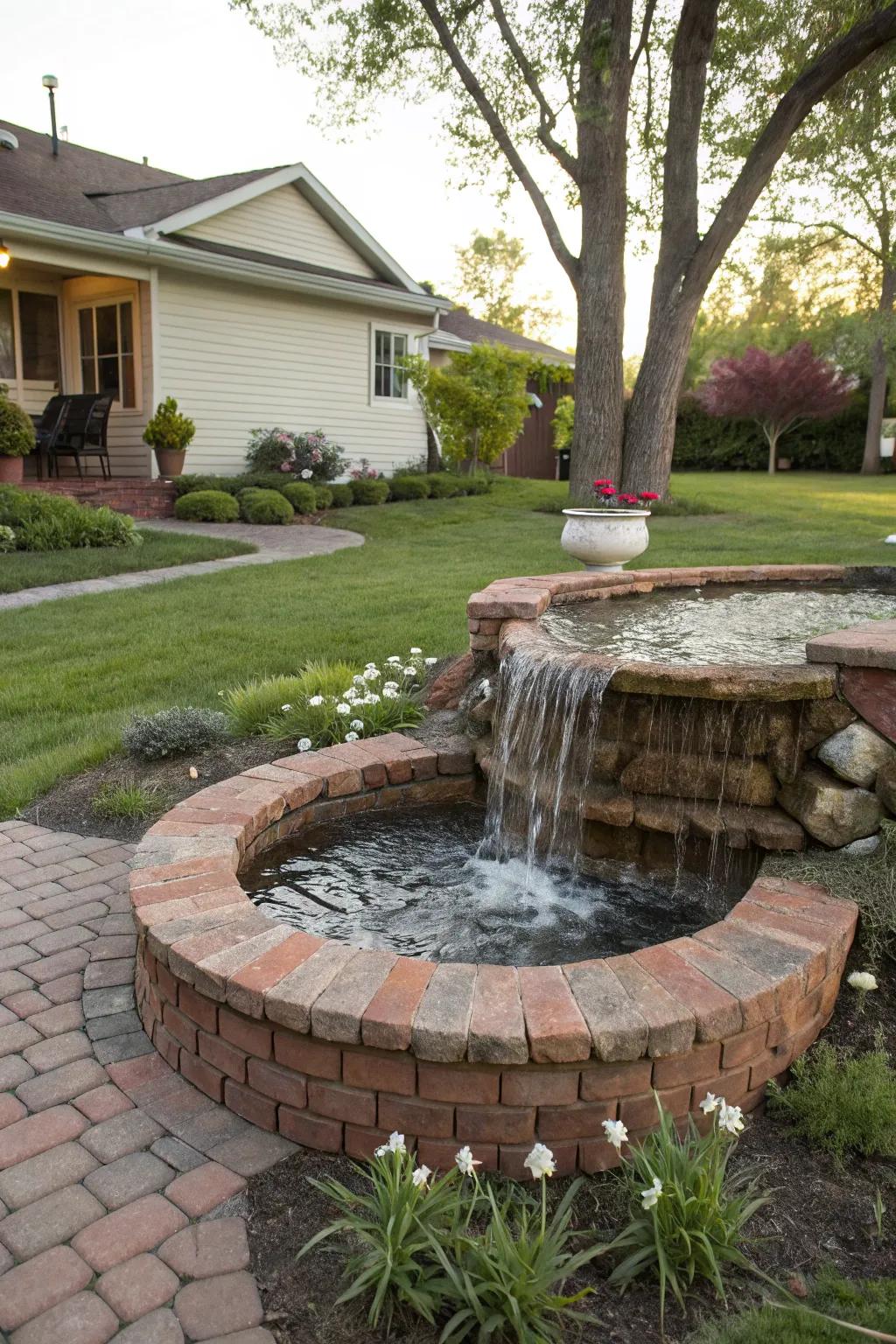 A brick cascade adds a calming presence to the garden.