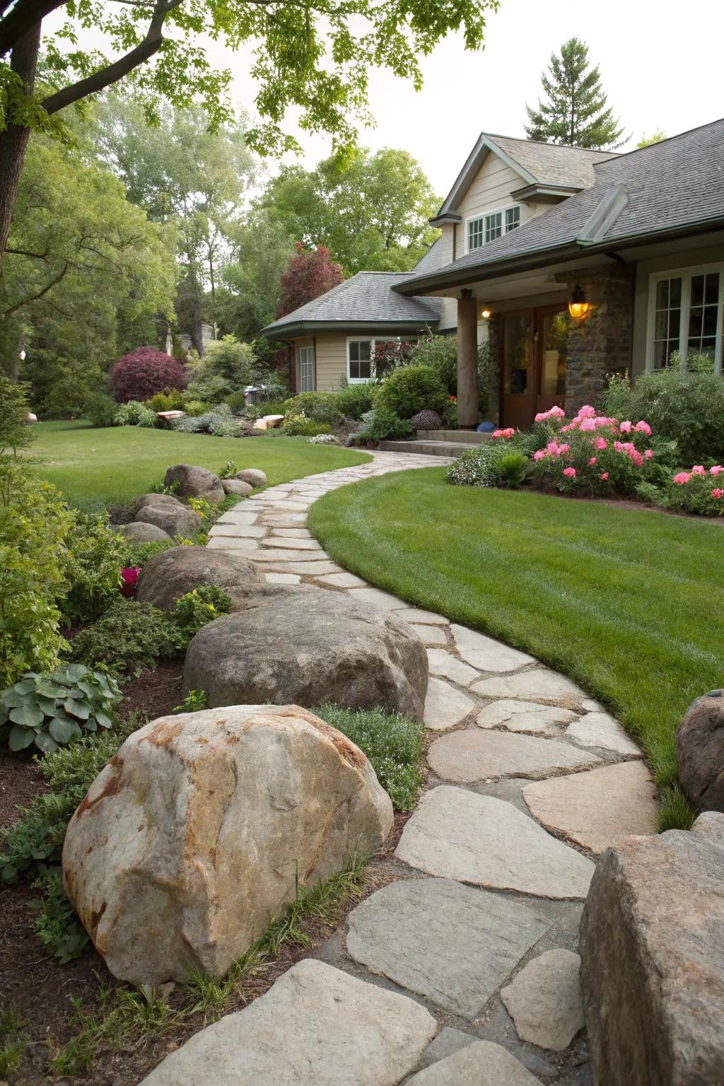 Produce a striking entrance display using massive stones at your doorway.