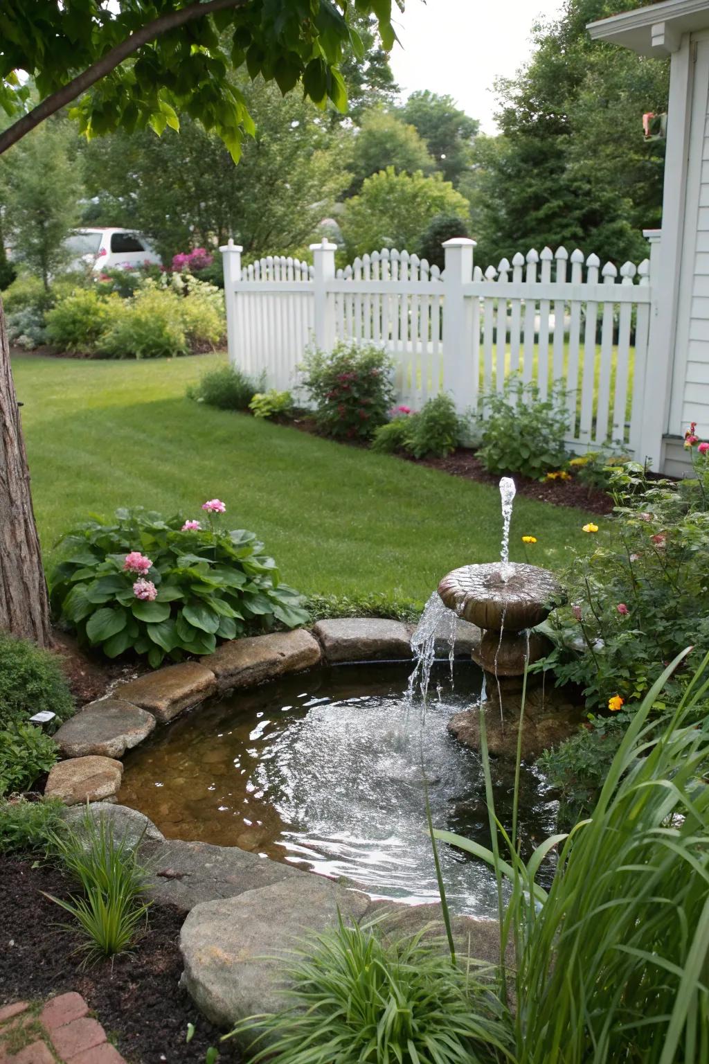 An aqua feature contributes peace and charm.
