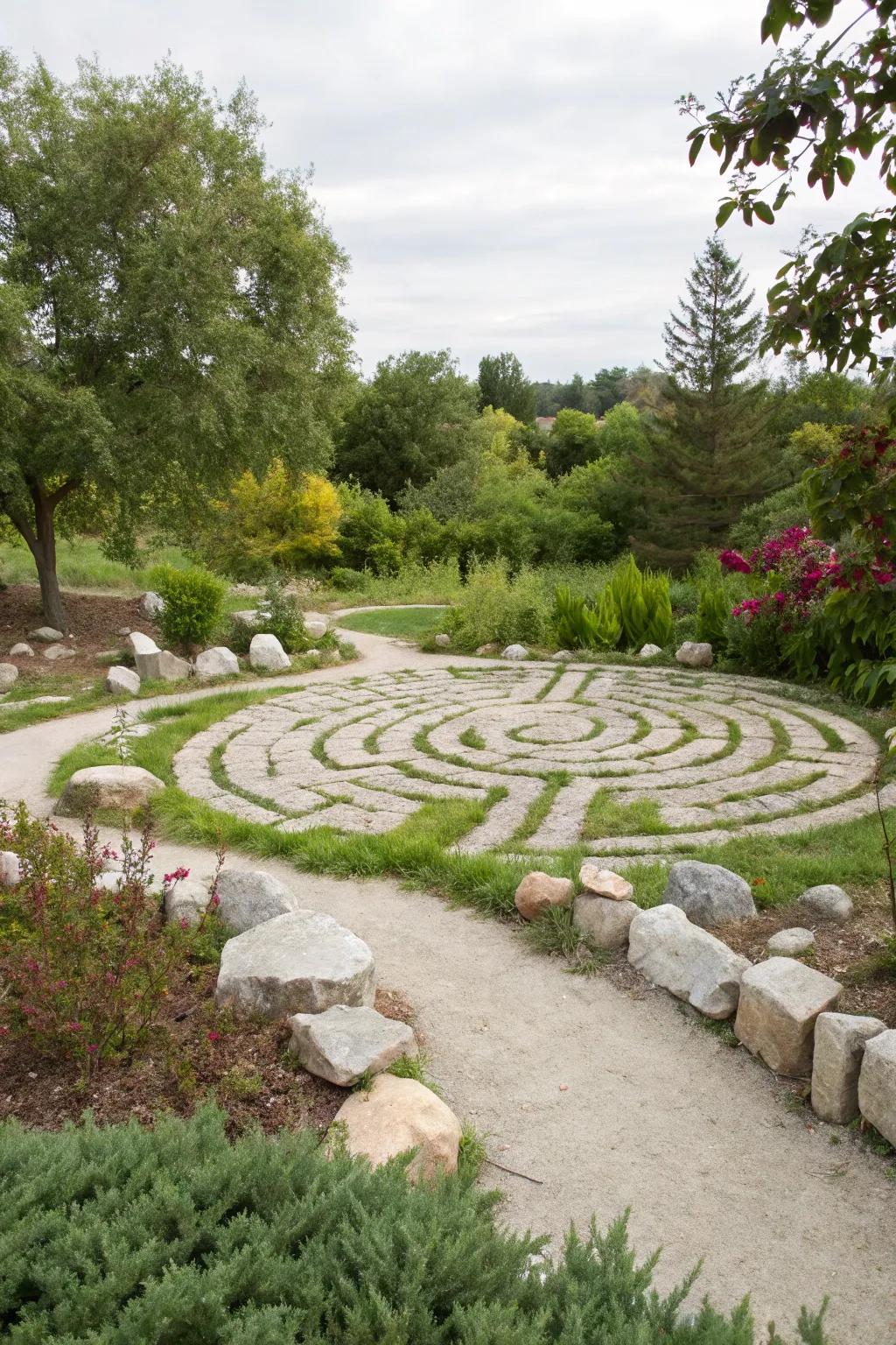 A labyrinth crafted from alabaster rocks offers a contemplative journey.