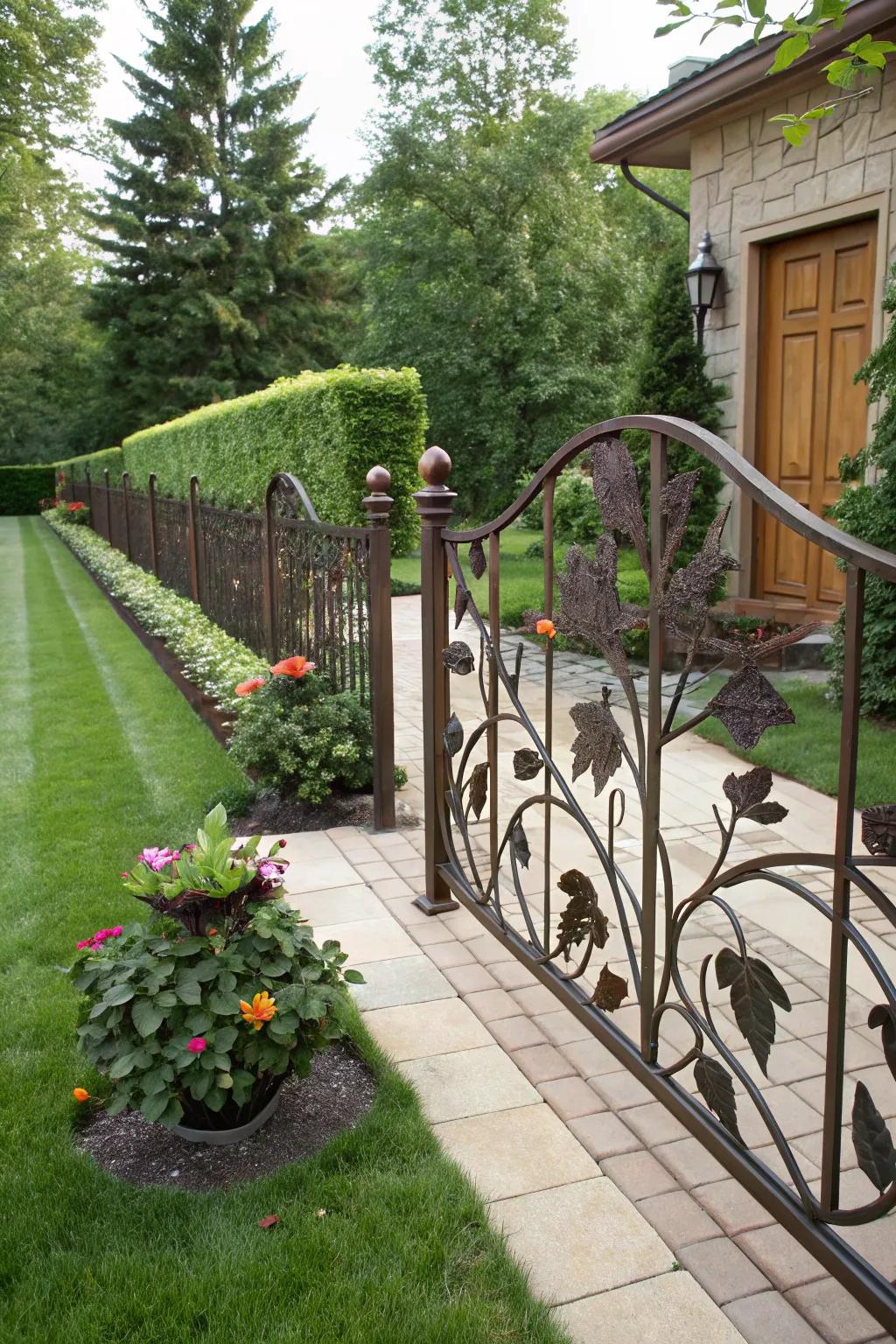 A custom decorative metal barrier with nature-inspired designs creating a unique aesthetic.