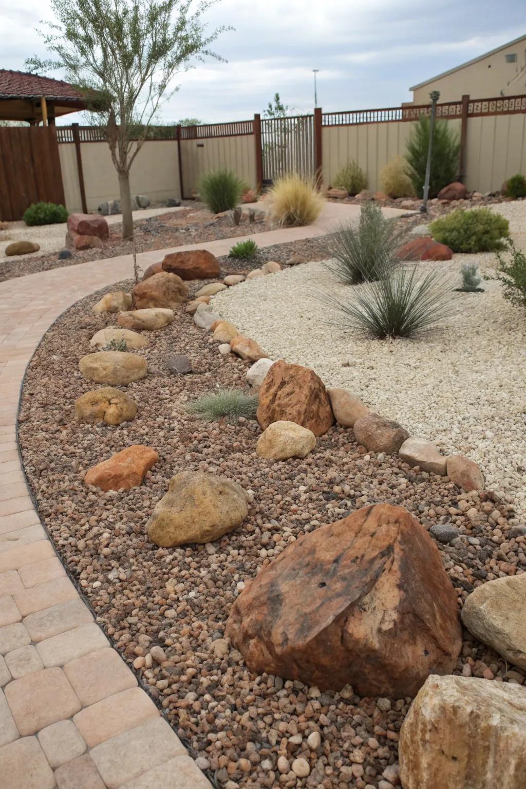 Gravel layering with spot rocks offering texture and moisture retention.