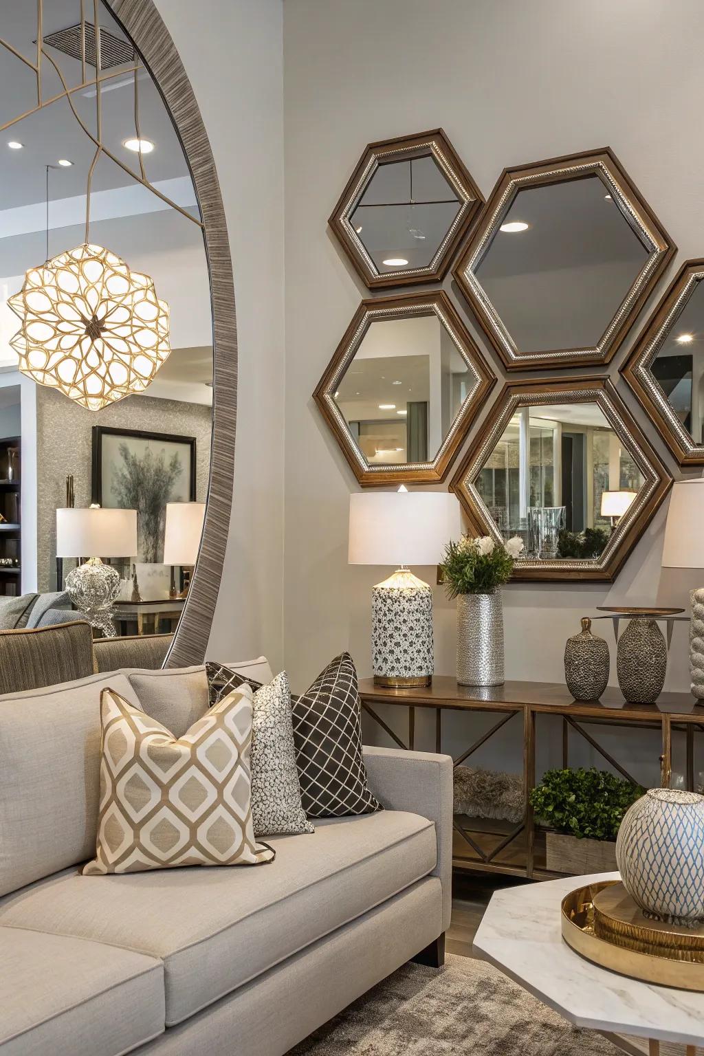 Geometric mirrors add a modern and edgy touch.