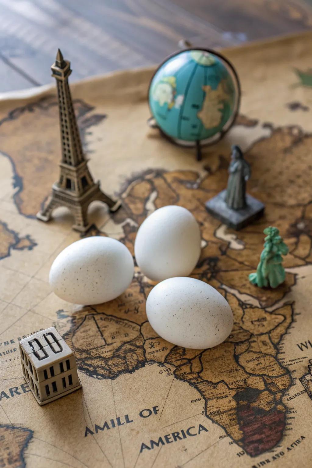 Journey-themed eggs prepared to explore the globe.