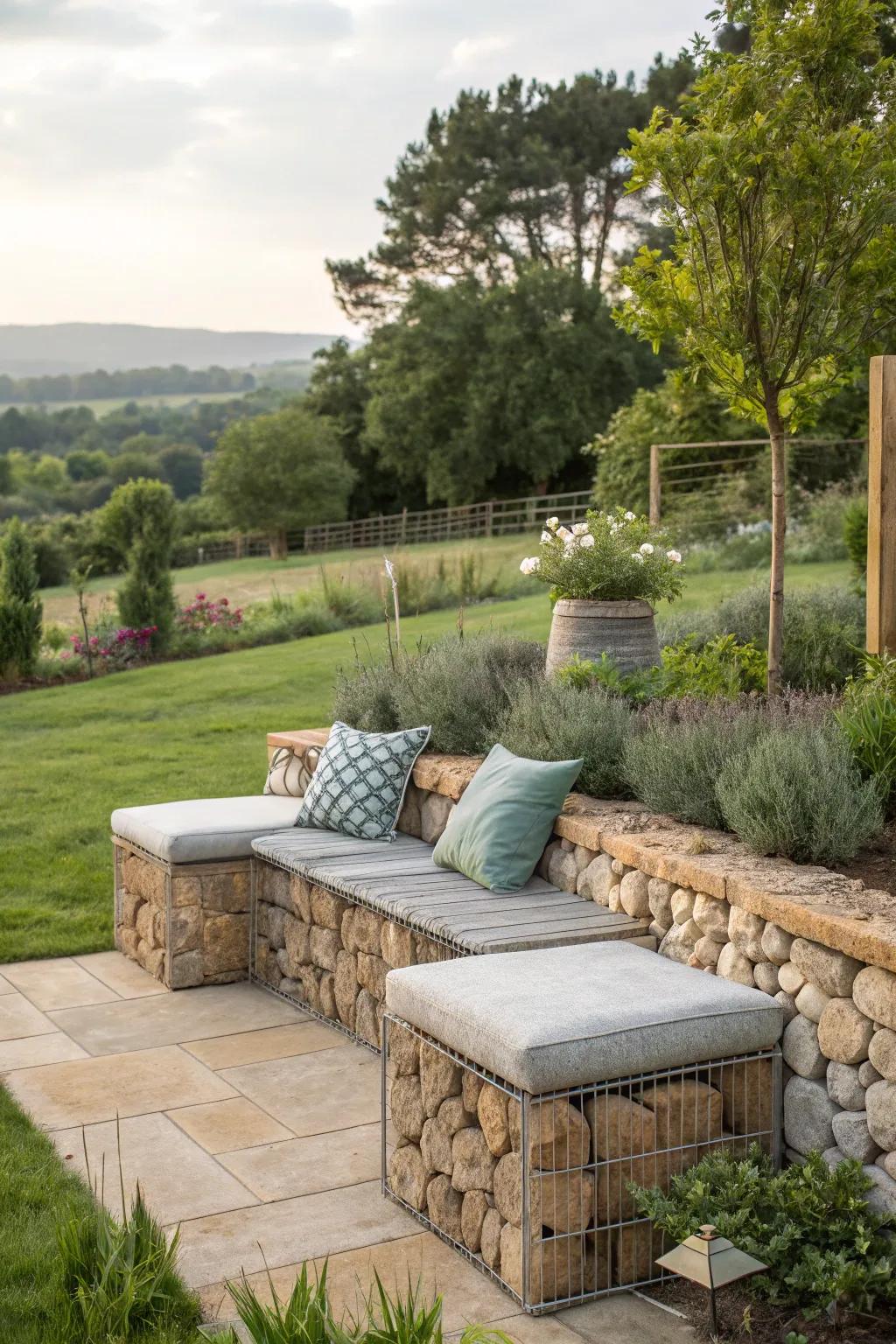 Create a stylish seating area with stone benches.