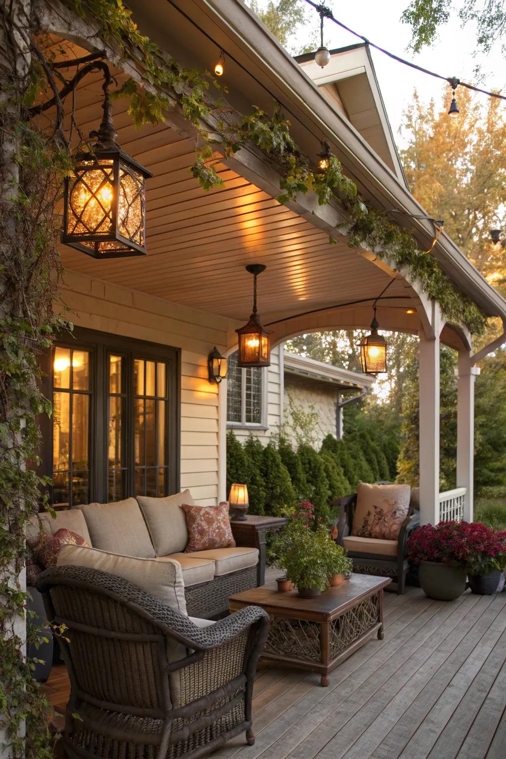 Vintage lighting adds a nostalgic charm to the porch.