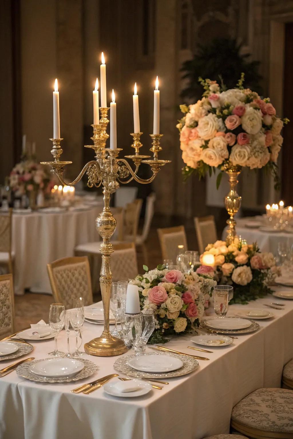 Reminiscent sophistication expressed with ancient candleholders.